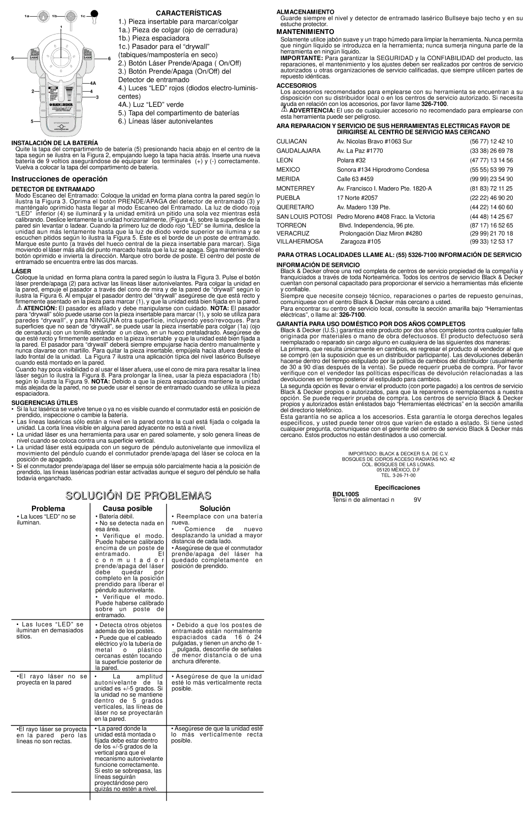 Black & Decker BDL100S, 611195-00 instruction manual Instrucciones de operación, Problema Causa posible Solución 