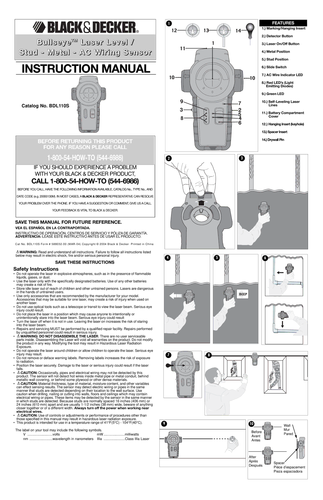 Black & Decker BDL110S instruction manual Safety Instructions, Features 