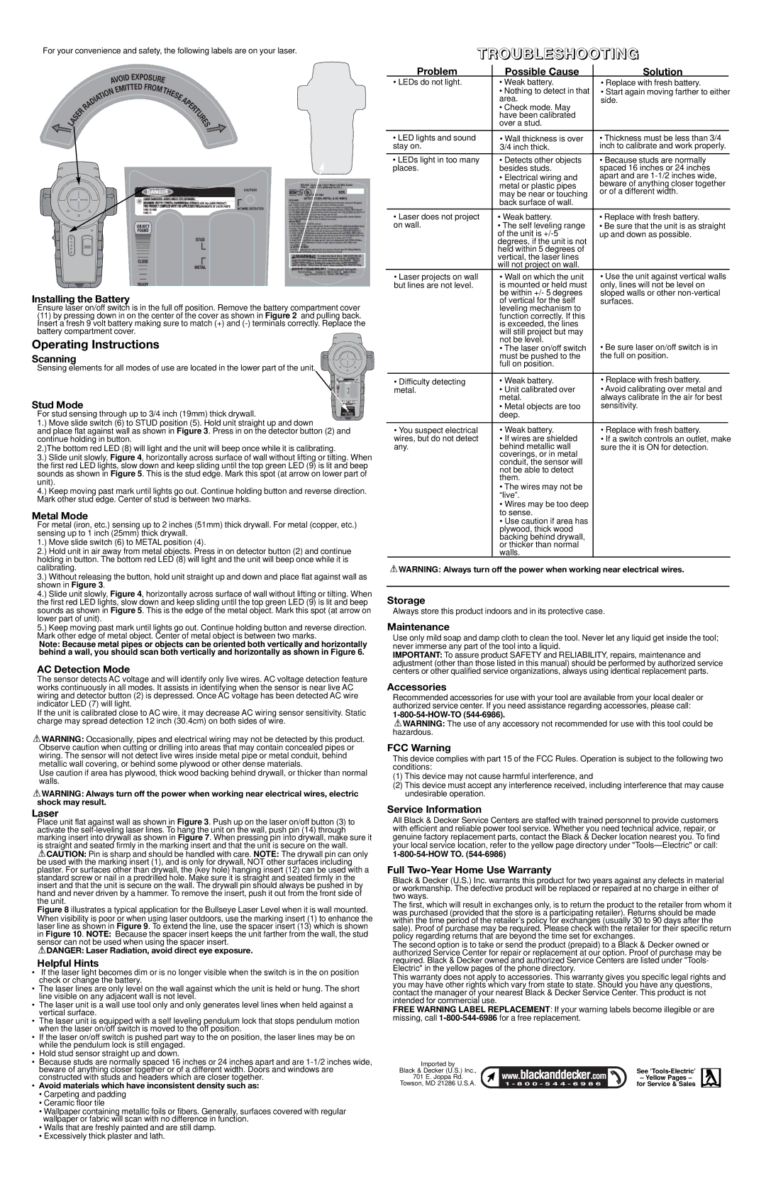 Black & Decker BDL110S instruction manual Operating Instructions 