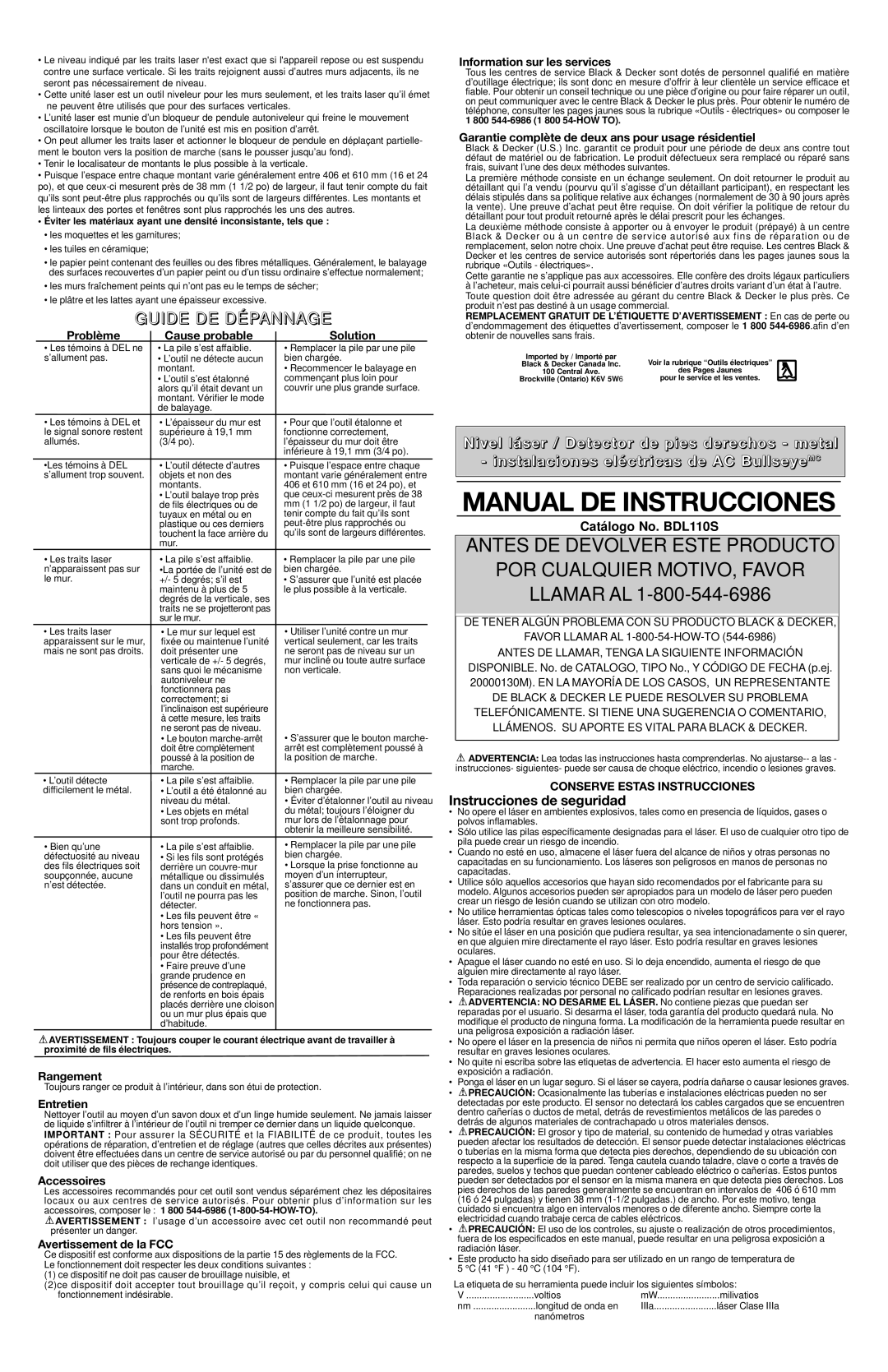 Black & Decker BDL110S instruction manual Guide DE Dépannage, Instrucciones de seguridad 