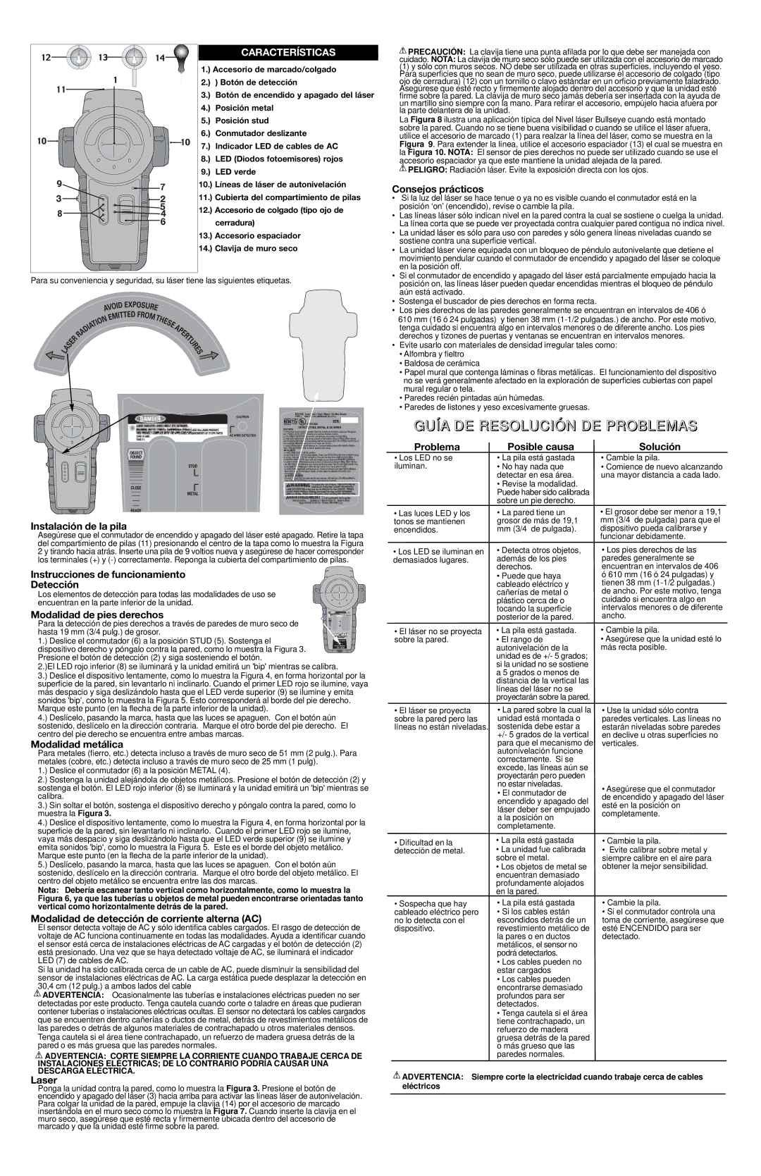 Black & Decker BDL110S instruction manual Guía DE Resolución DE Problemas, Características 