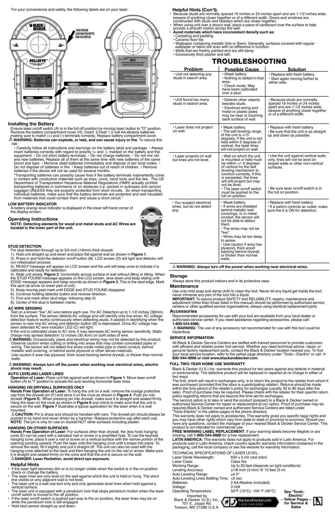 Black & Decker BDL190S instruction manual Problem Possibl Cause Solution, Storage, Full TWO-YEAR Home USE Warranty 