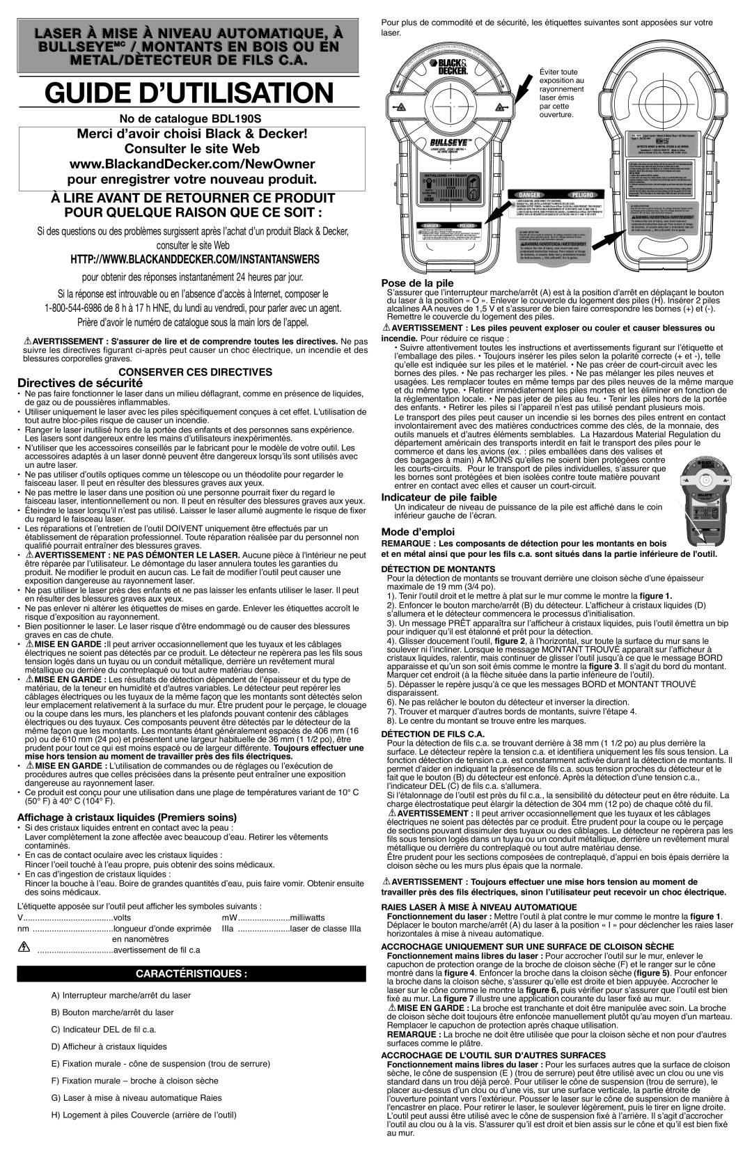 Black & Decker BDL190S Merci d’avoir choisi Black & Decker Consulter le site Web, Directives de sécurité, Caractéristiques 