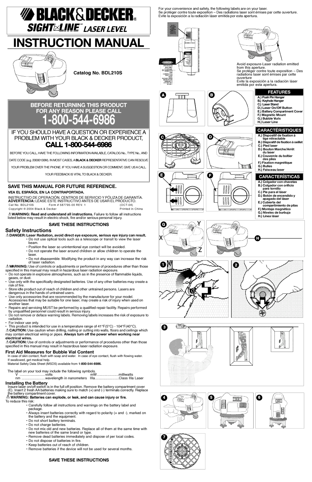 Black & Decker BDL210S instruction manual Safety Instructions, First Aid Measures for Bubble Vial Content 