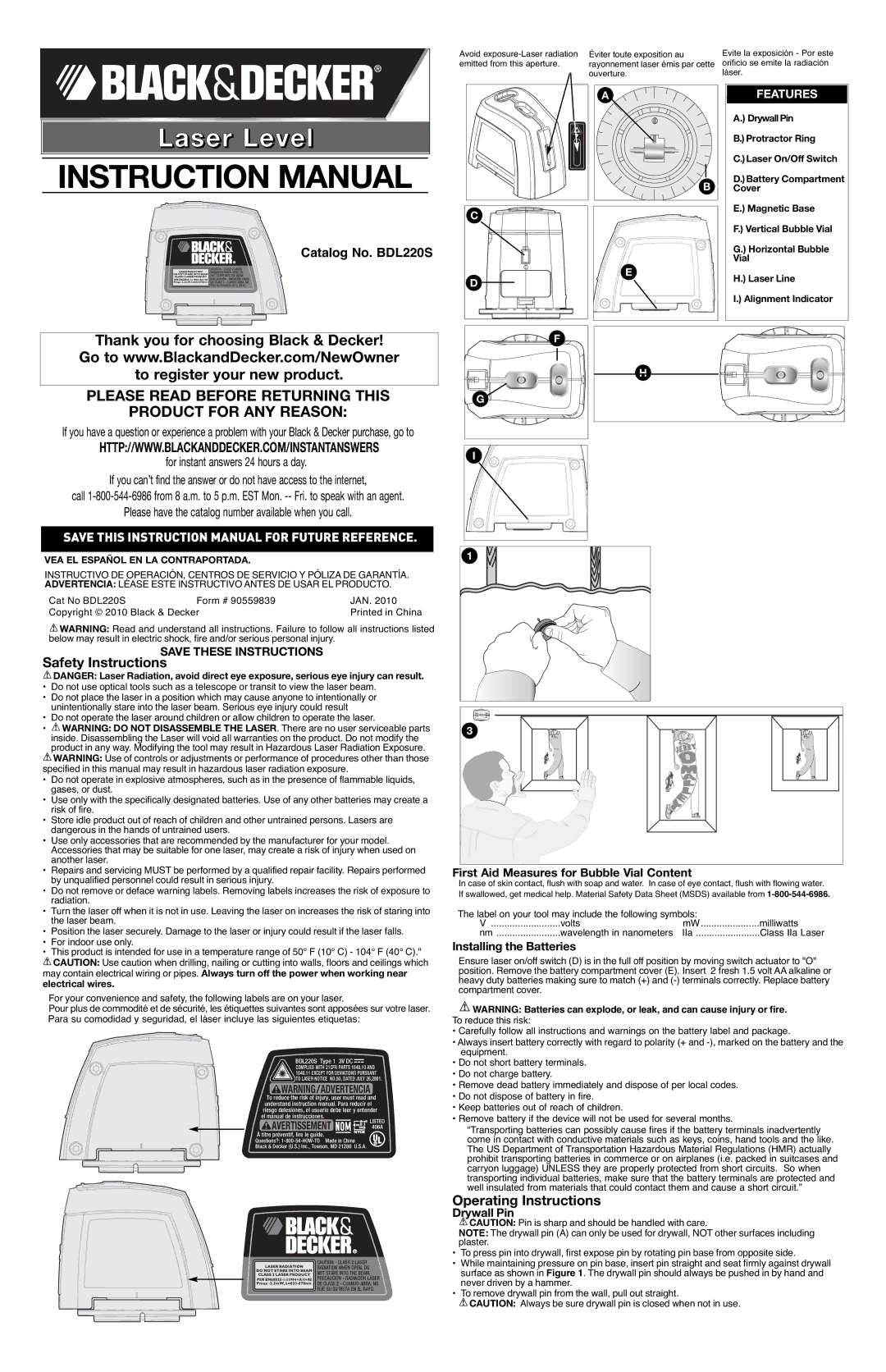 Black & Decker BDL220S instruction manual Safety Instructions, Operating Instructions, Installing the Batteries 