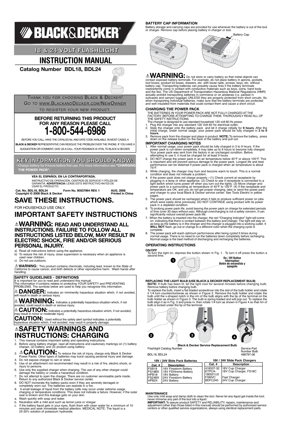 Black & Decker BDL18, BDL24 important safety instructions Safety Guidelines Definitions, Battery CAP Information 