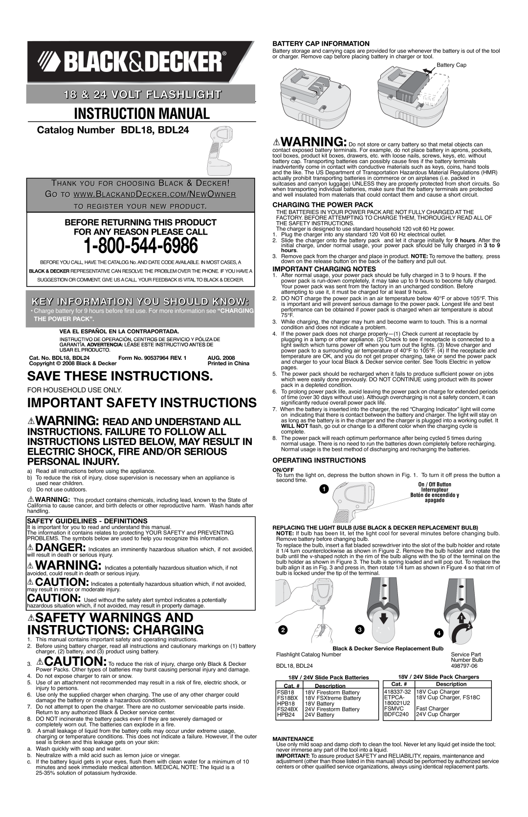 Black & Decker BDL18 important safety instructions Save These Instructions, Safety Warnings And Instructions Charging 