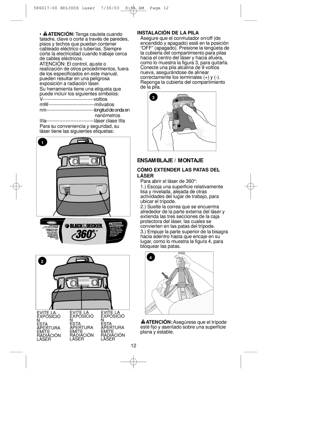 Black & Decker BDL300S instruction manual Ensamblaje / Montaje, Instalación DE LA Pila, Cómo Extender LAS Patas DEL Láser 