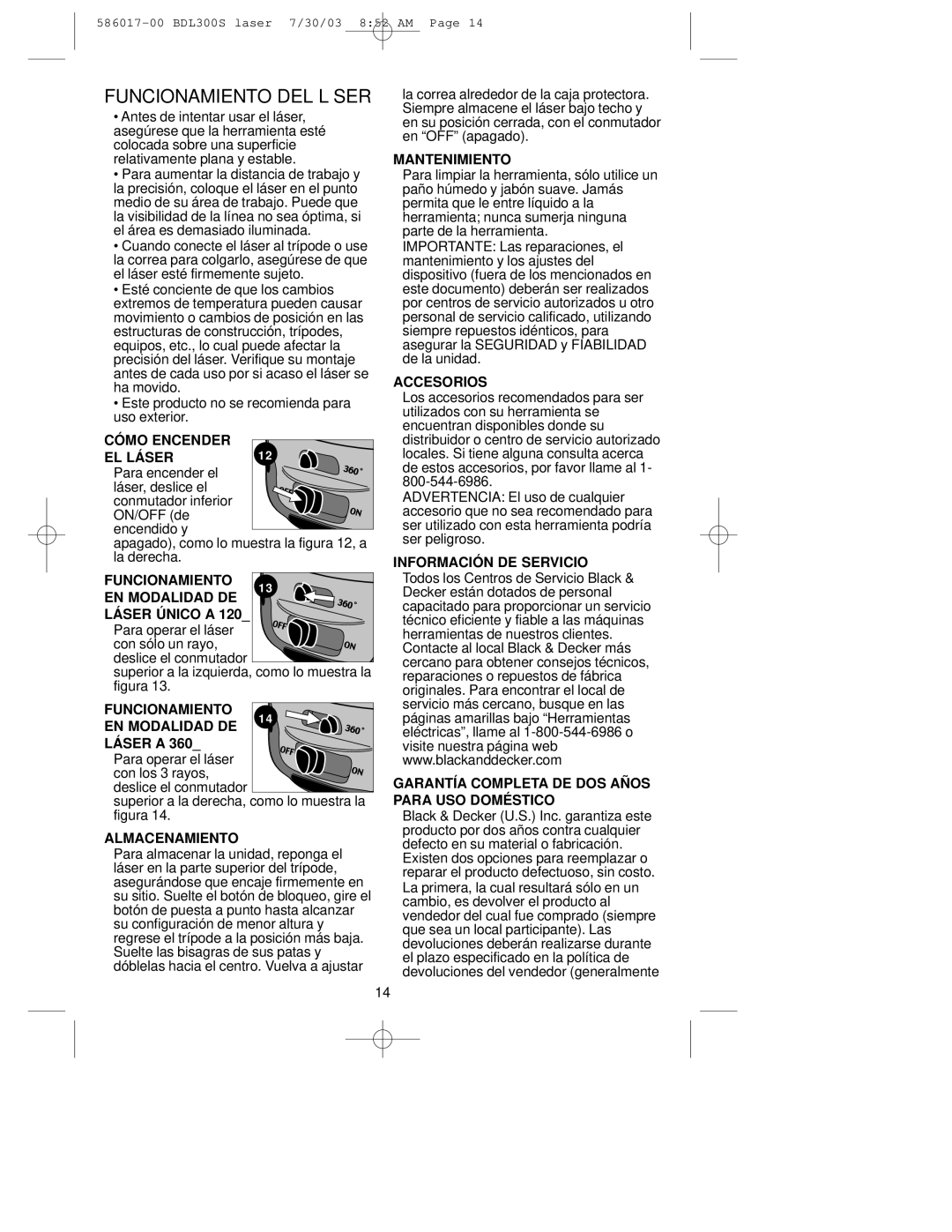 Black & Decker BDL300S instruction manual Funcionamiento DEL Láser 