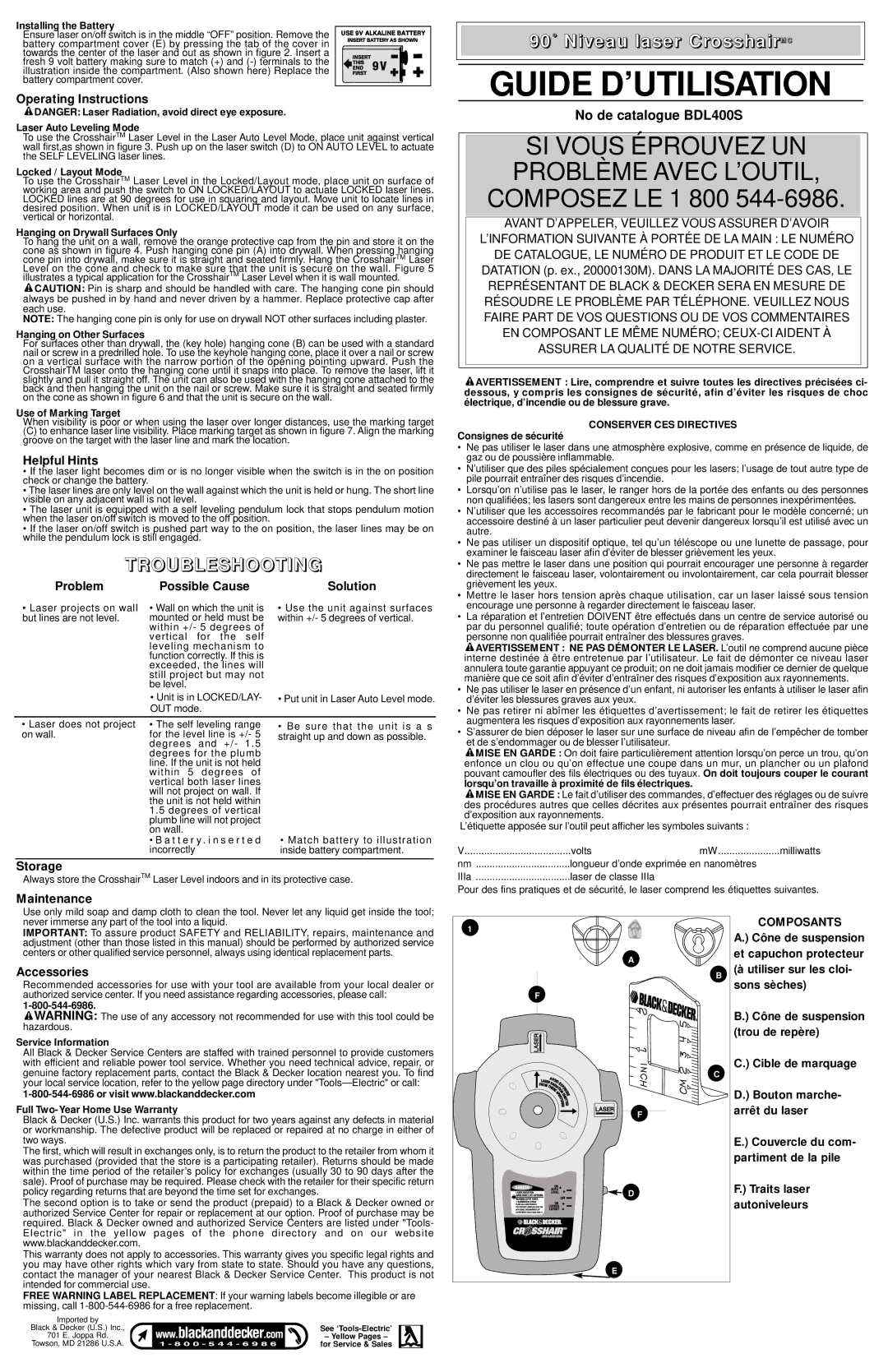 Black & Decker BDL400S Operating Instructions, Helpful Hints, Problem Possible Cause Solution, Storage, Maintenance 