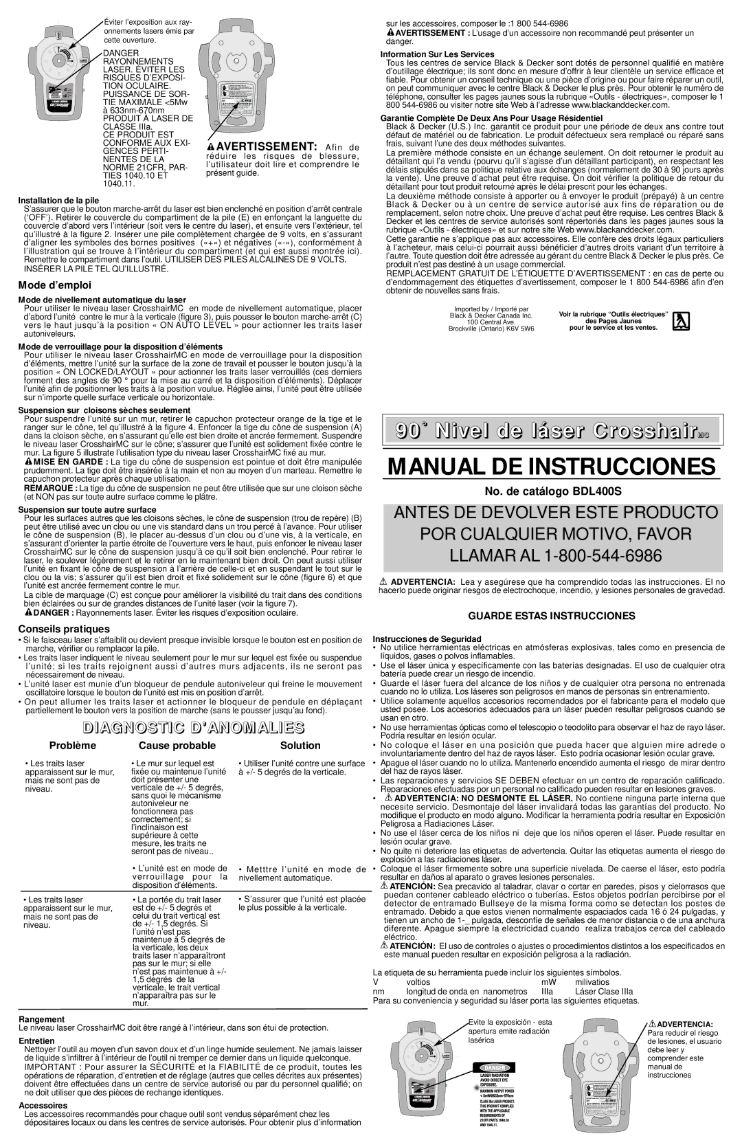 Black & Decker BDL400S instruction manual Mode d’emploi, Conseils pratiques, Problème Cause probable Solution 