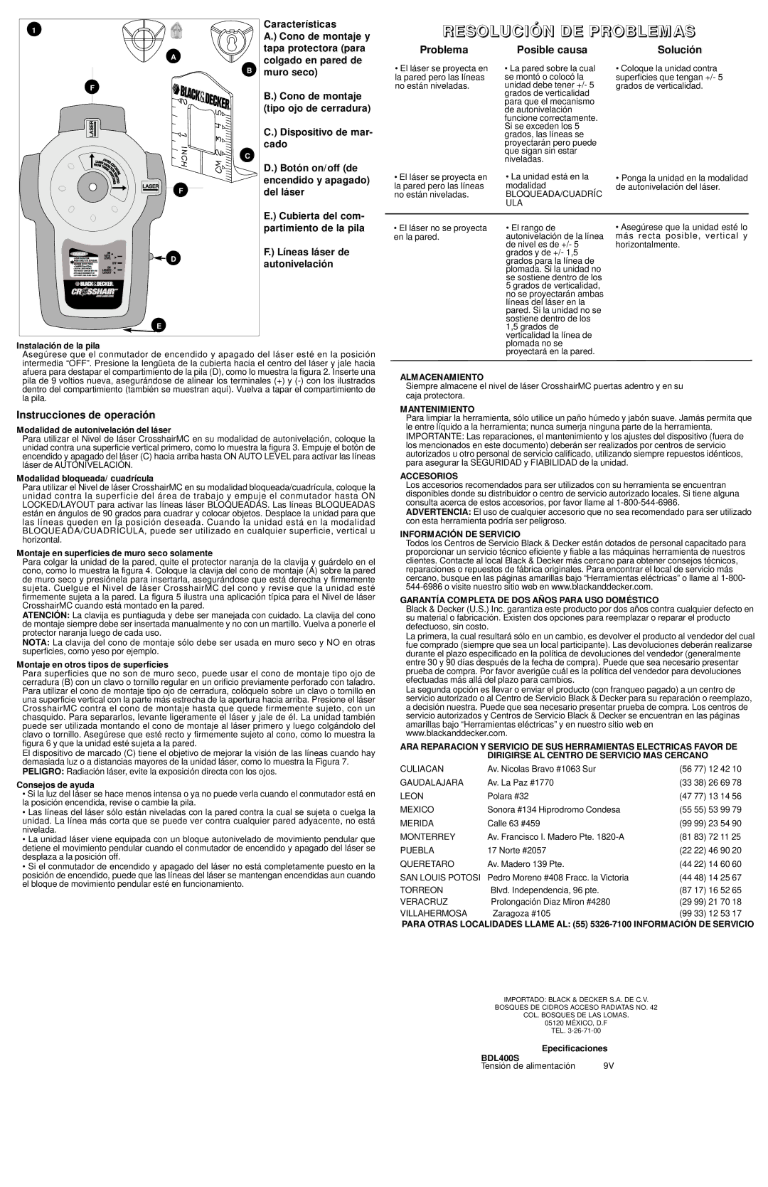 Black & Decker BDL400S instruction manual Problema Posible causa Solución, Instrucciones de operación 