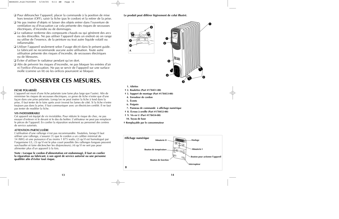 Black & Decker BDOH200C manual Conserver CES Mesures, Fiche Polarisée, VIS Indesserrable, Affichage numérique 