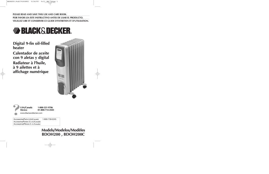 Black & Decker BDOH200C manual Digital 9-fin oil-filled heater, Calentador de aceite con 9 aletas y digital 