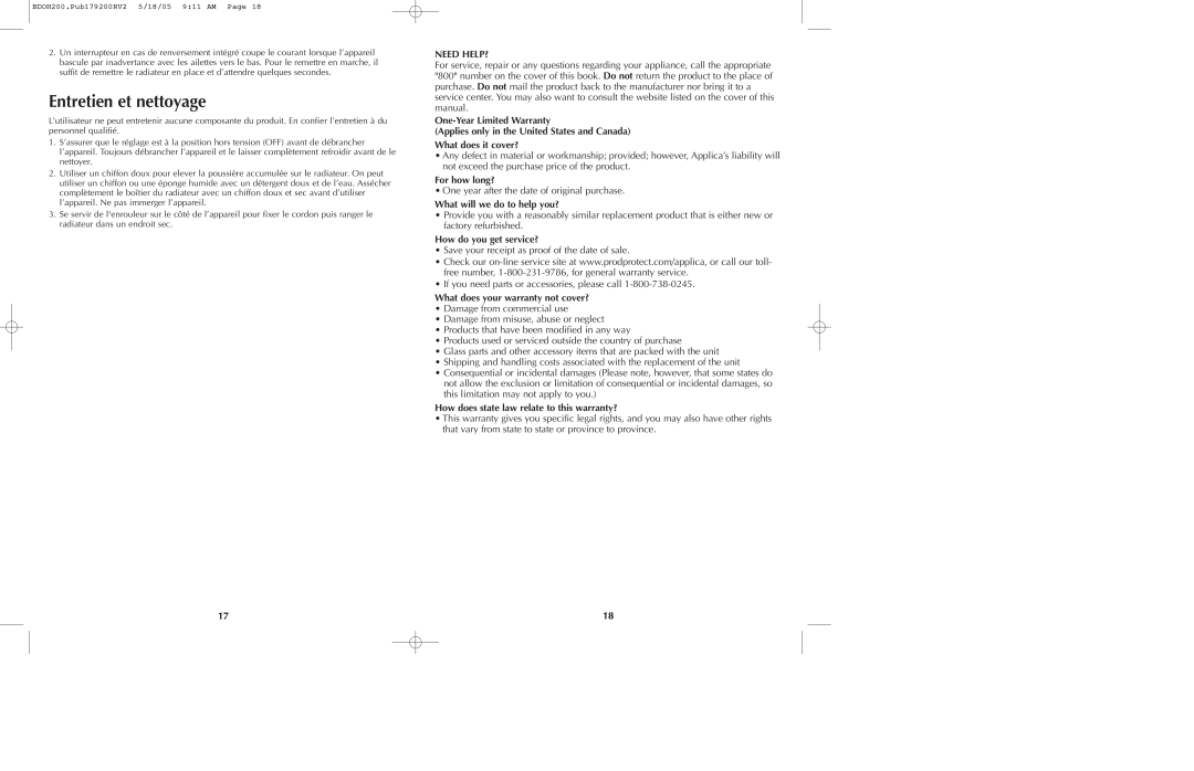 Black & Decker BDOH200C manual Entretien et nettoyage, Need Help?, One-Year Limited Warranty, For how long? 