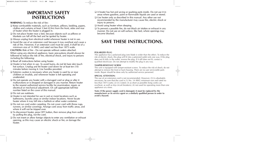 Black & Decker BDOH200C manual Important Safety Instructions, Save These Instructions 