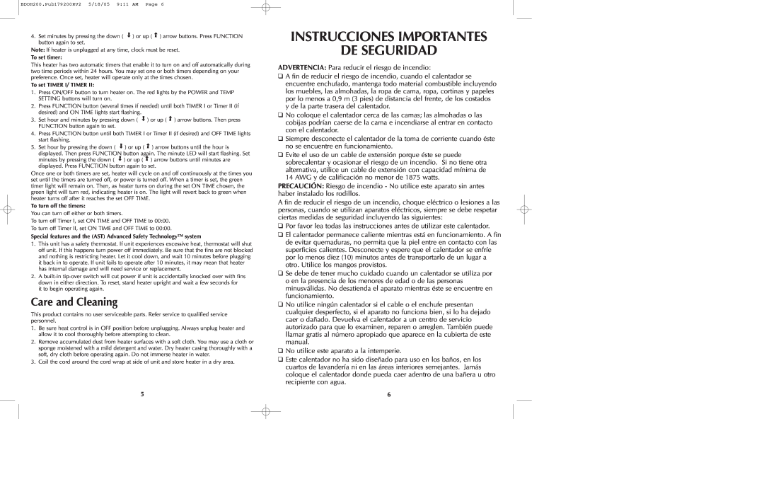 Black & Decker BDOH200C manual Instrucciones Importantes De Seguridad, Care and Cleaning 
