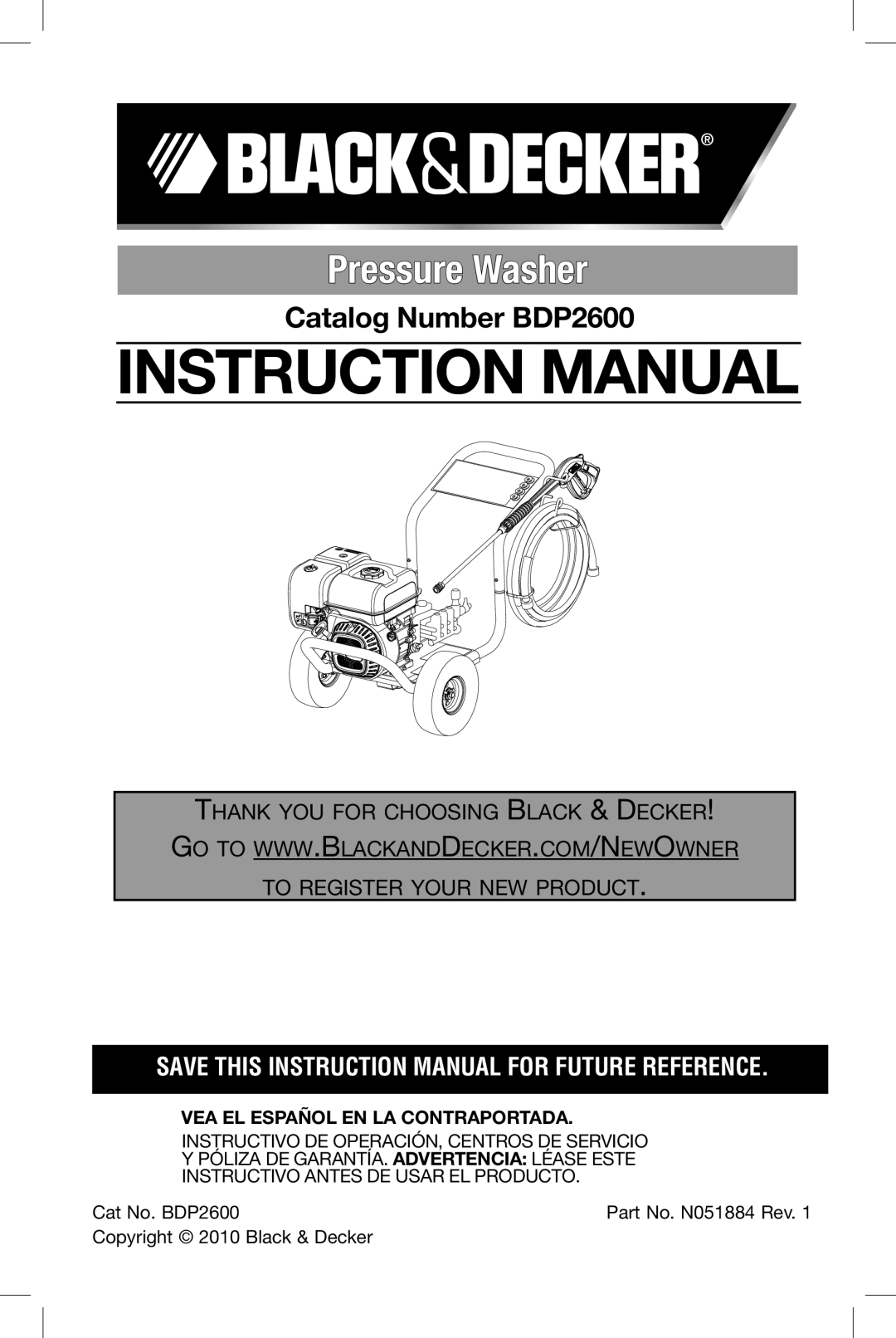 Black & Decker instruction manual VEA EL Español EN LA Contraportada, Cat No. BDP2600, Copyright 2010 Black & Decker­ 