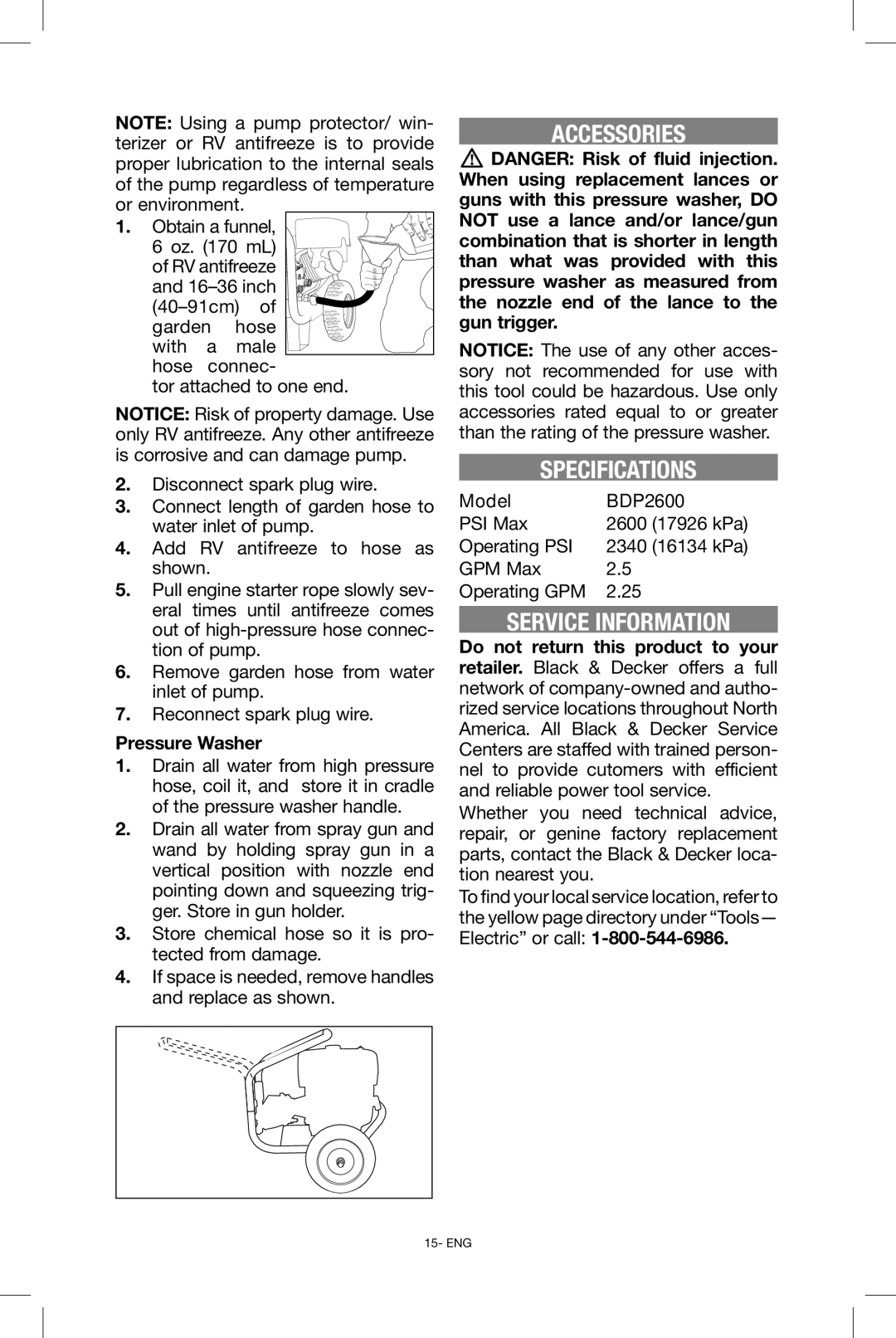 Black & Decker BDP2600 instruction manual Accessories, Specifications, Service Information, Pressure Washer 