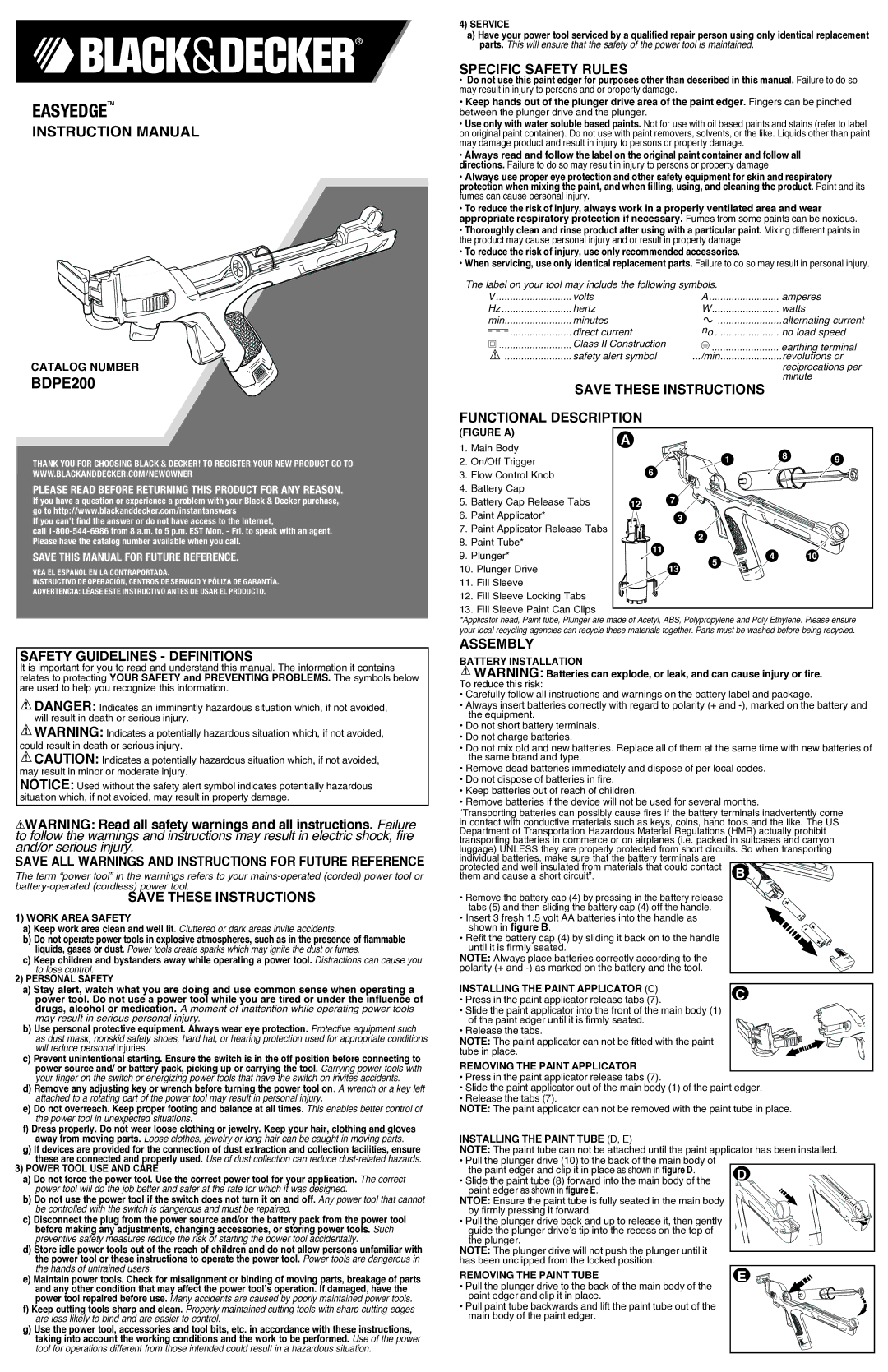 Black & Decker BDPE200B instruction manual Safety Guidelines Definitions, Specific Safety Rules, Assembly 