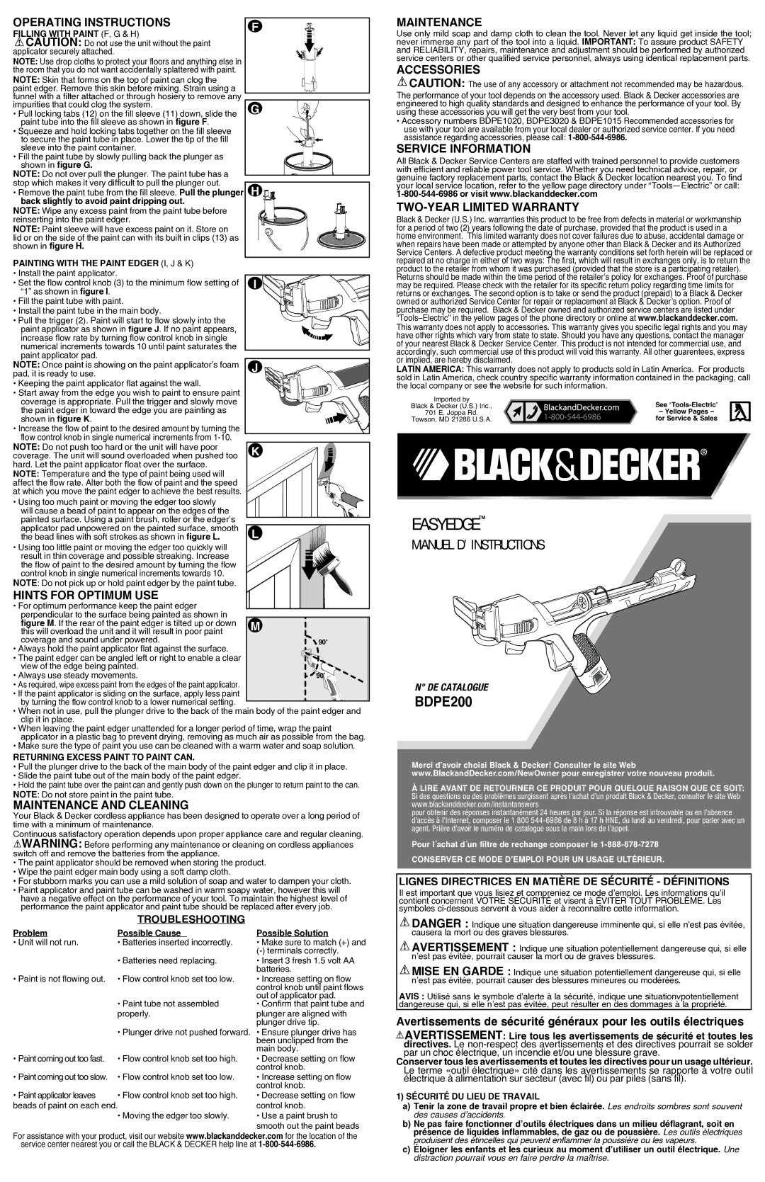 Black & Decker BDPE200B instruction manual Operating Instructions 