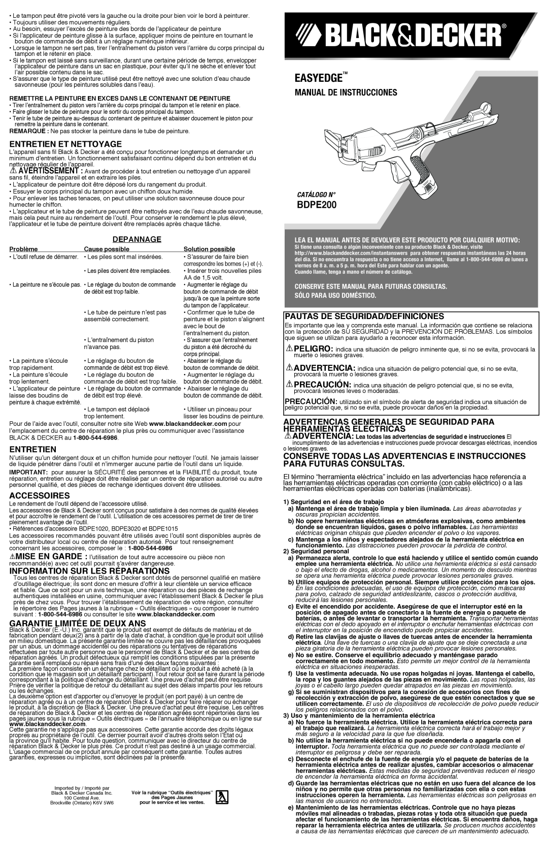 Black & Decker BDPE200B Entretien Et Nettoyage, Accessoires, Information sur les réparations, Garantie Limitée De Deux Ans 