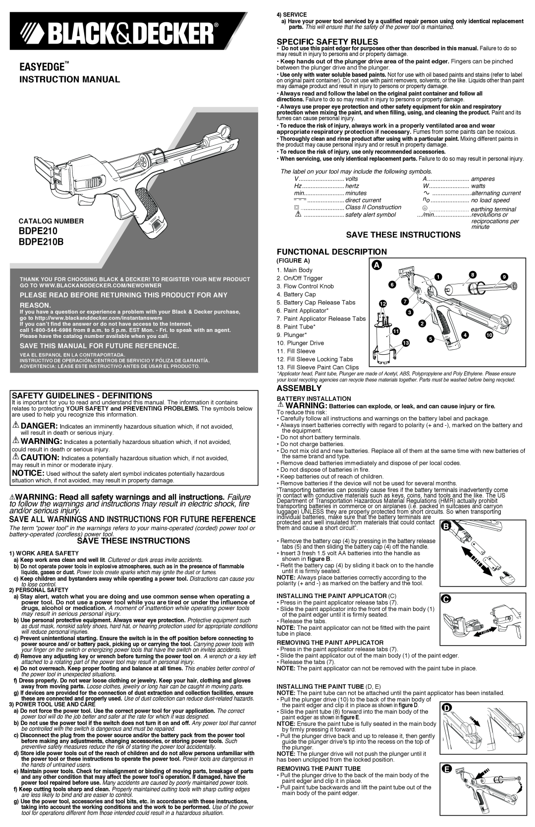 Black & Decker instruction manual BDPE210 BDPE210B, Safety Guidelines - Definitions, Save these instructions, Assembly 