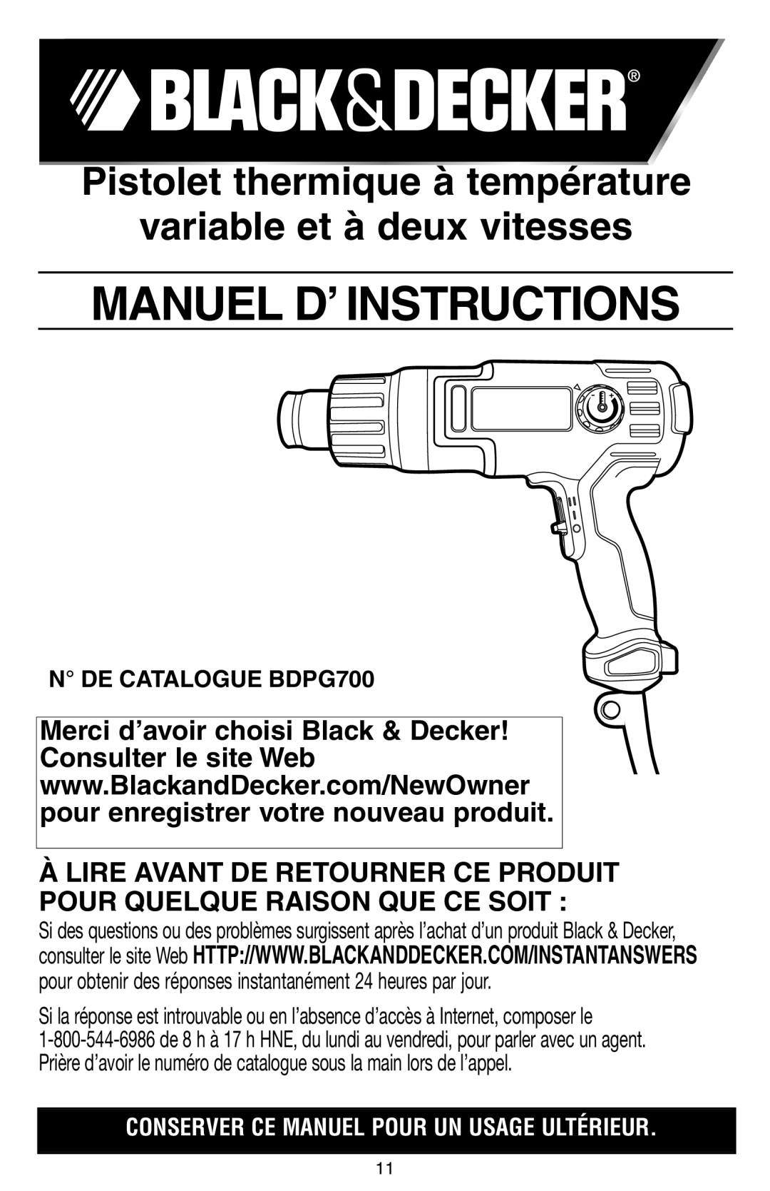 Black & Decker BDPG700 instruction manual Manuel D’INSTRUCTIONS 