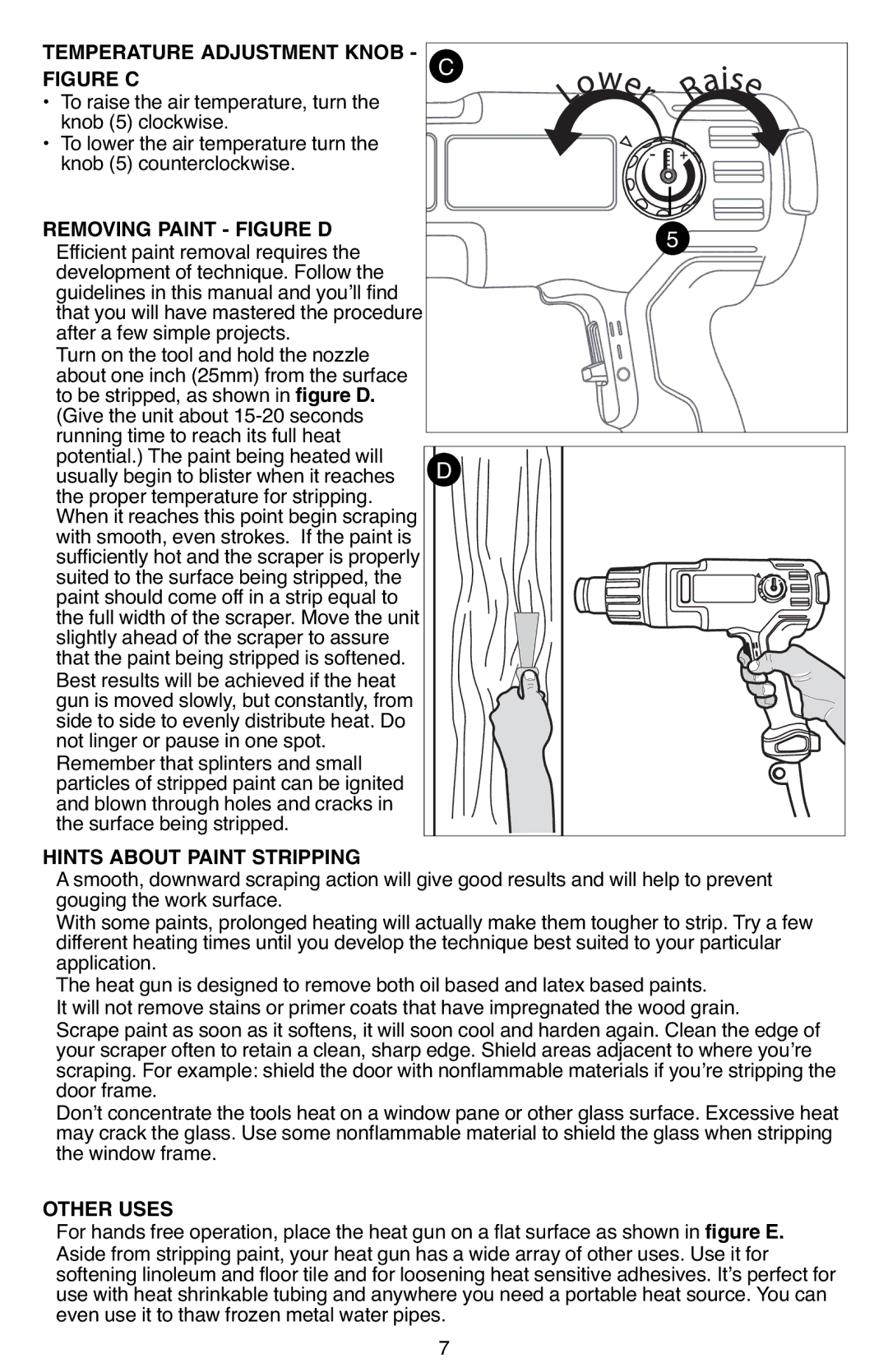 Black & Decker BDPG700 instruction manual Temperature Adjustment Knob, Moving Paint Figure D, Hints about Paint Stripping 