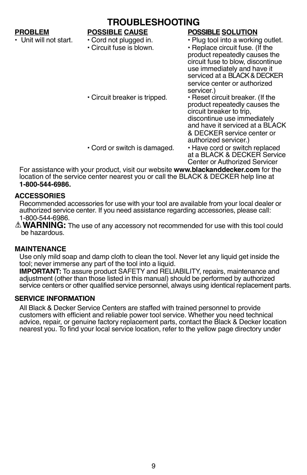 Black & Decker BDPG700 instruction manual Troubleshooting, Problem Possible Cause Possible Solution 