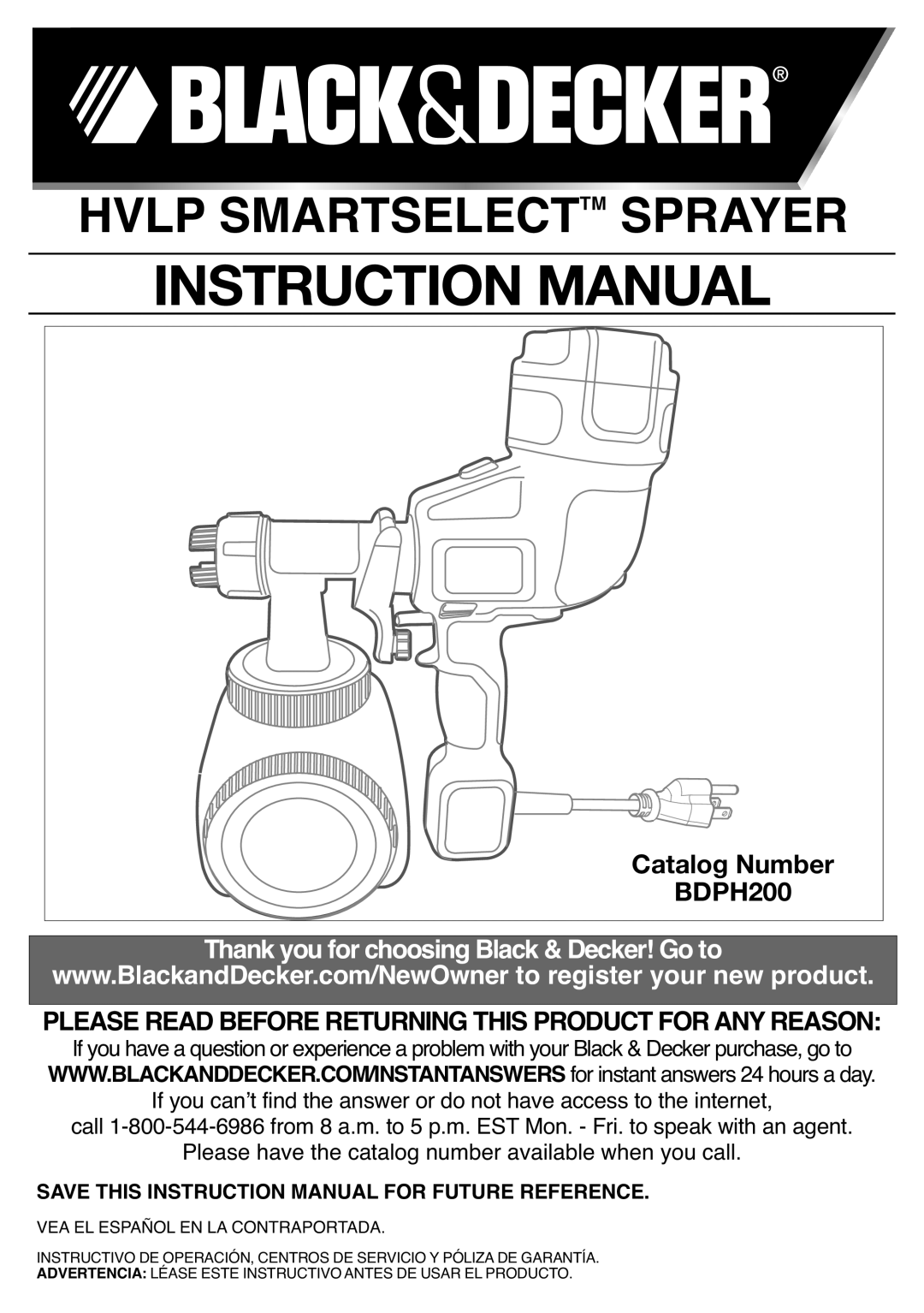 Black & Decker BDPH200B instruction manual Hvlp Smartselecttm Sprayer 