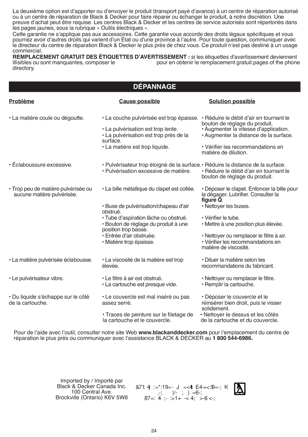 Black & Decker BDPH200B instruction manual Dépannage, Problème Cause possible Solution possible, Nettoyer les buses 