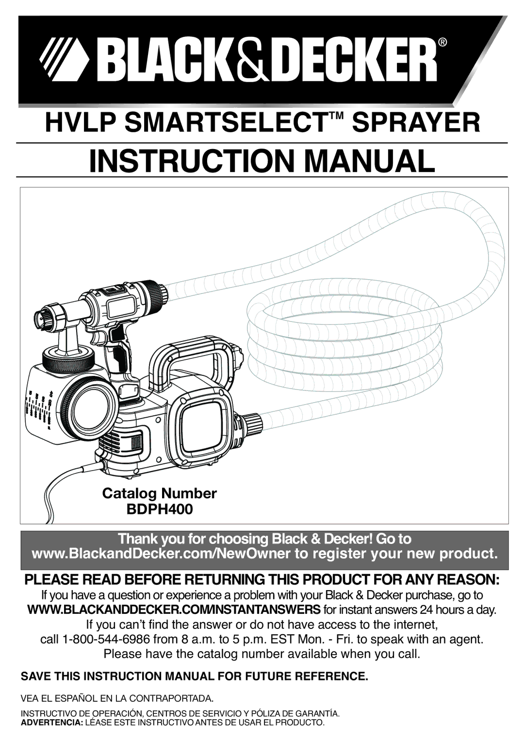 Black & Decker BDPH400 instruction manual Hvlp Smartselecttm Sprayer 