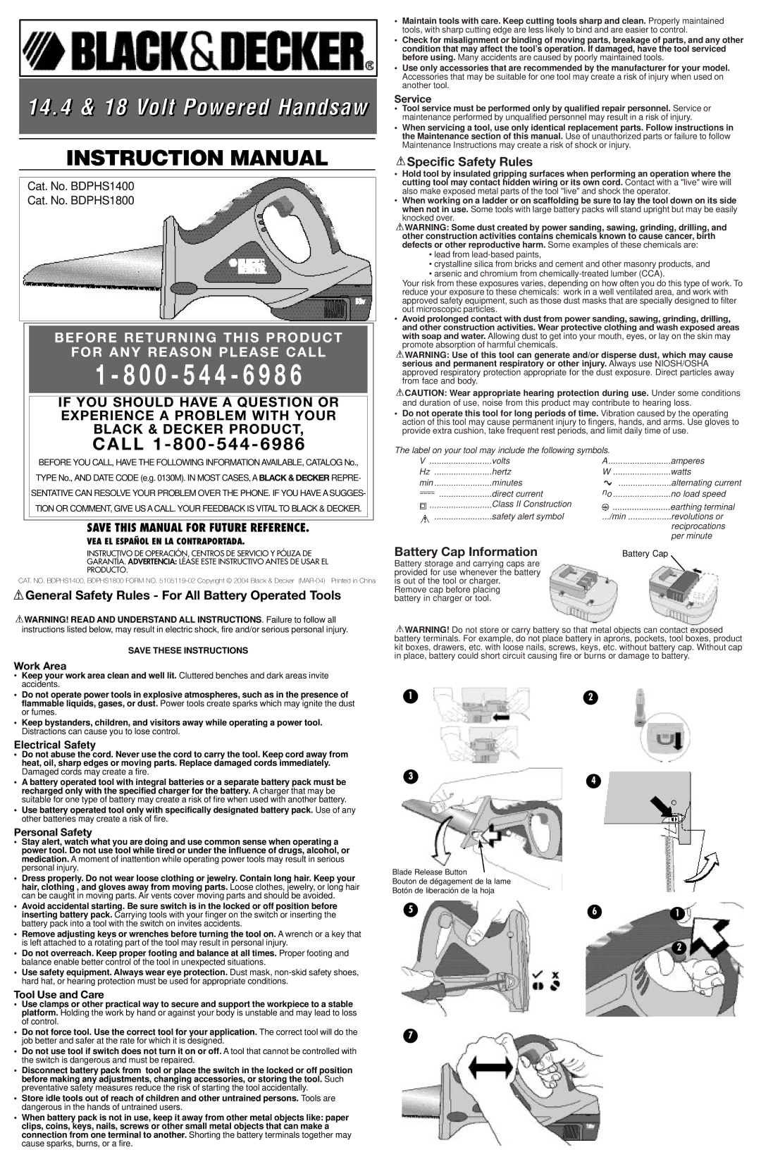 Black & Decker BDPHS1800 instruction manual General Safety Rules For All Battery Operated Tools, Work Area, Service 