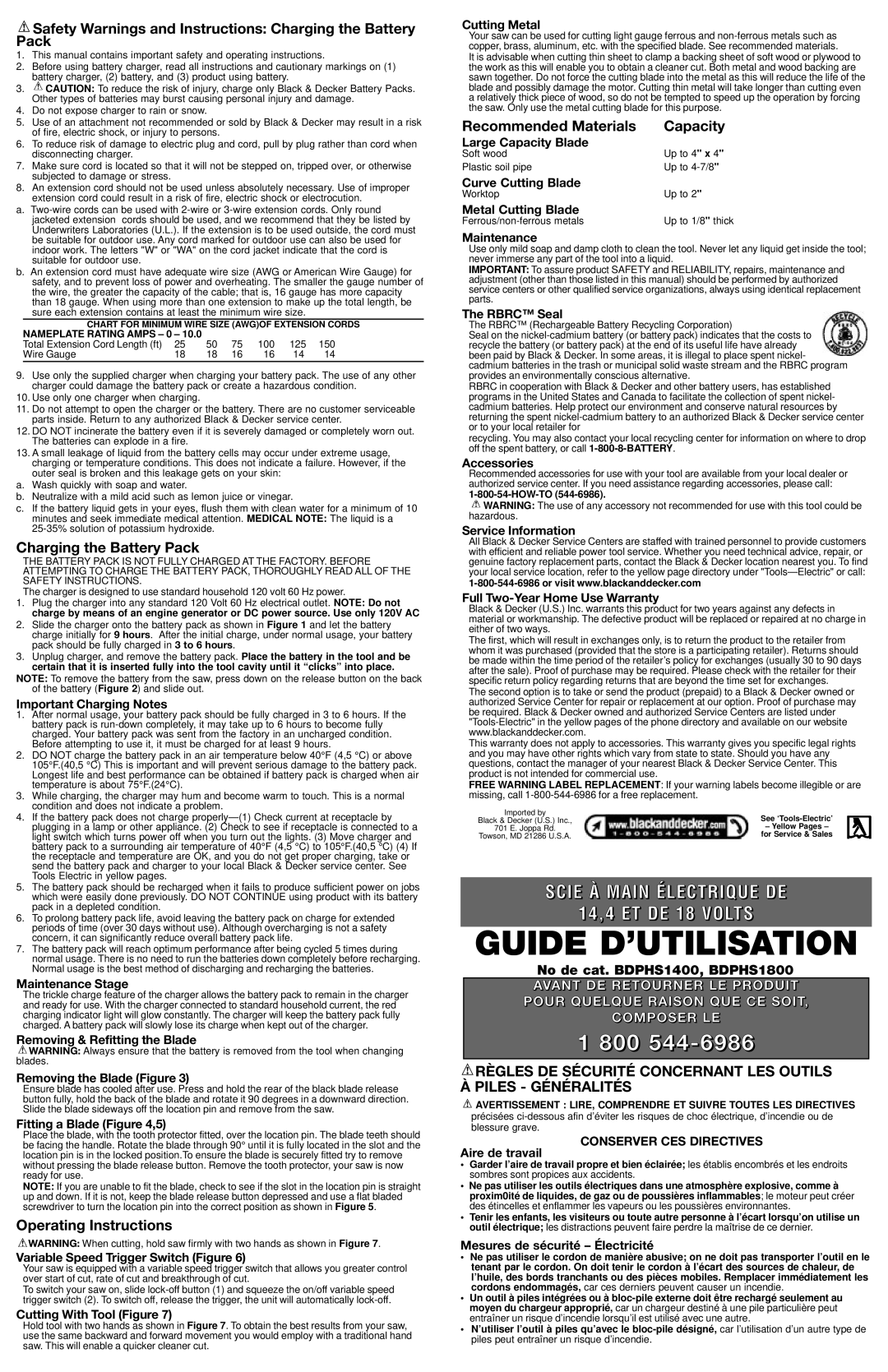 Black & Decker 5105119-02, BDPHS1400 Safety Warnings and Instructions Charging the Battery Pack, Operating Instructions 