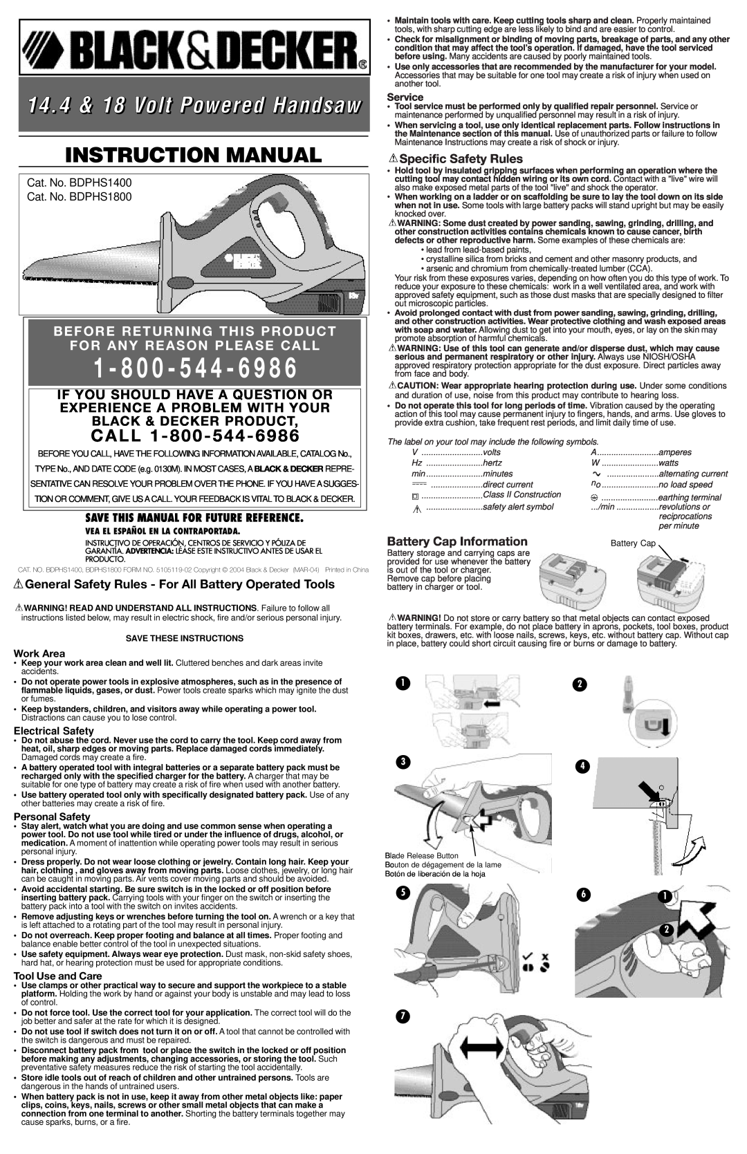 Black & Decker BDPHS1800 instruction manual General Safety Rules - For All Battery Operated Tools, Specific Safety Rules 