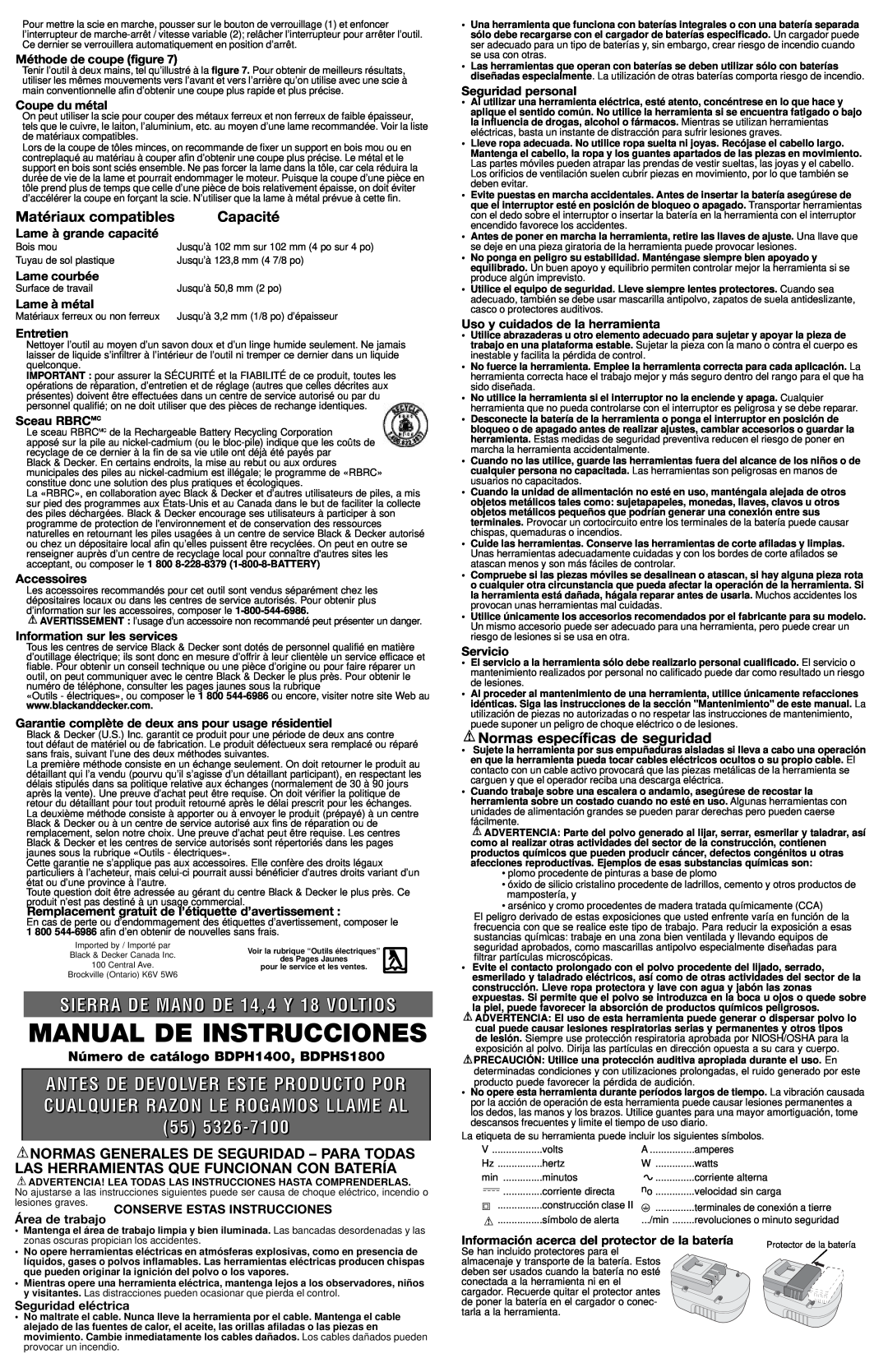 Black & Decker BDPHS1800 SIERRA DE MANO DE 14,4 Y 18 VOLTIOS, Matériaux compatibles, Capacité, Manual De Instrucciones 