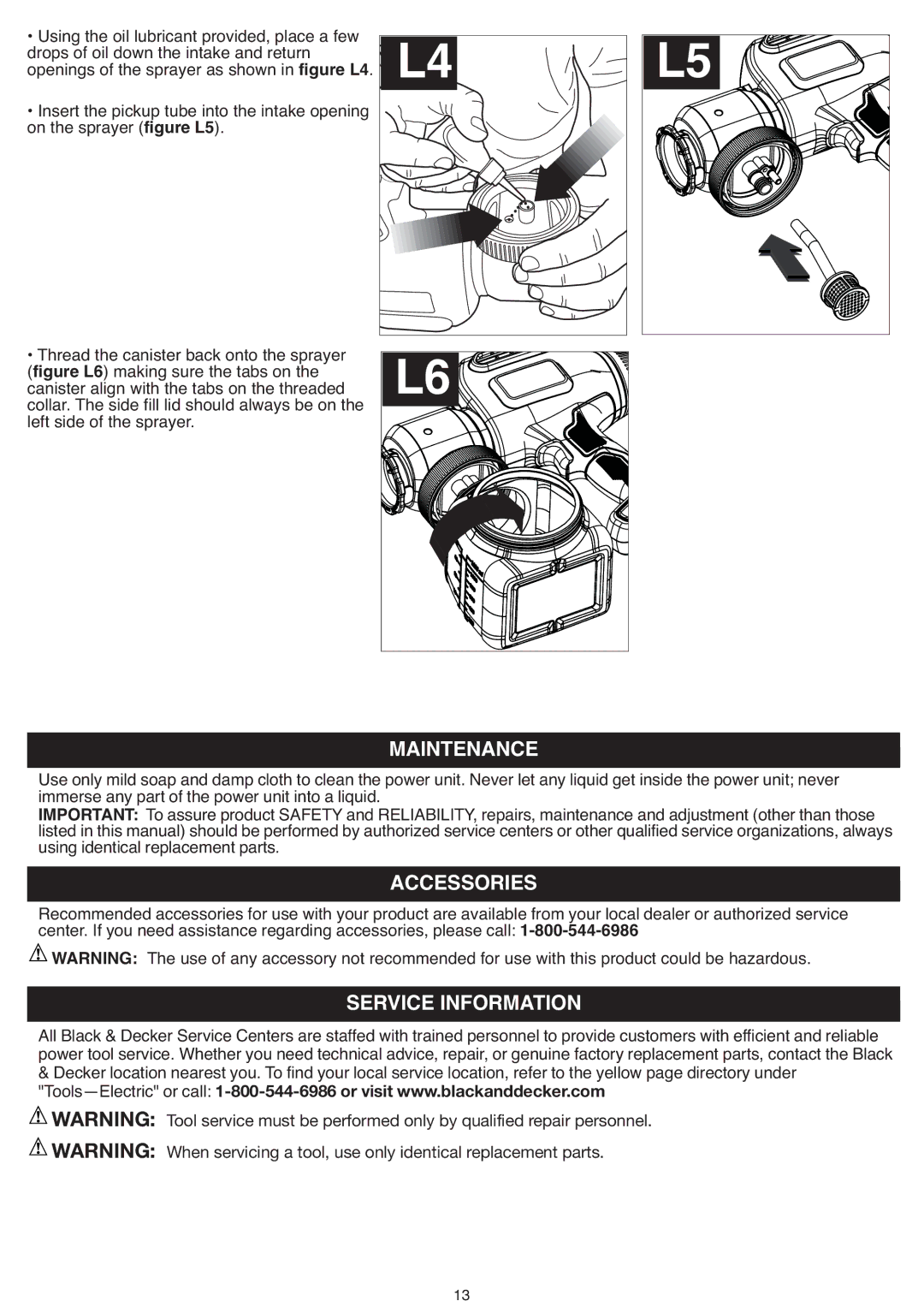 Black & Decker BDPS200 instruction manual Maintenance, Accessories, Service Information 