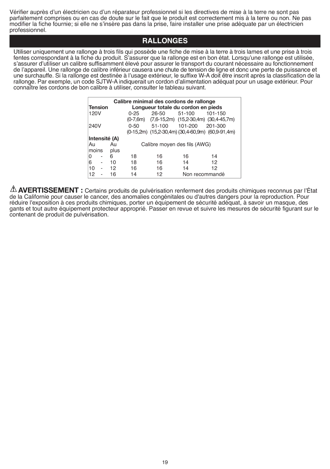 Black & Decker BDPS200 instruction manual Calibre minimal des cordons de rallonge 