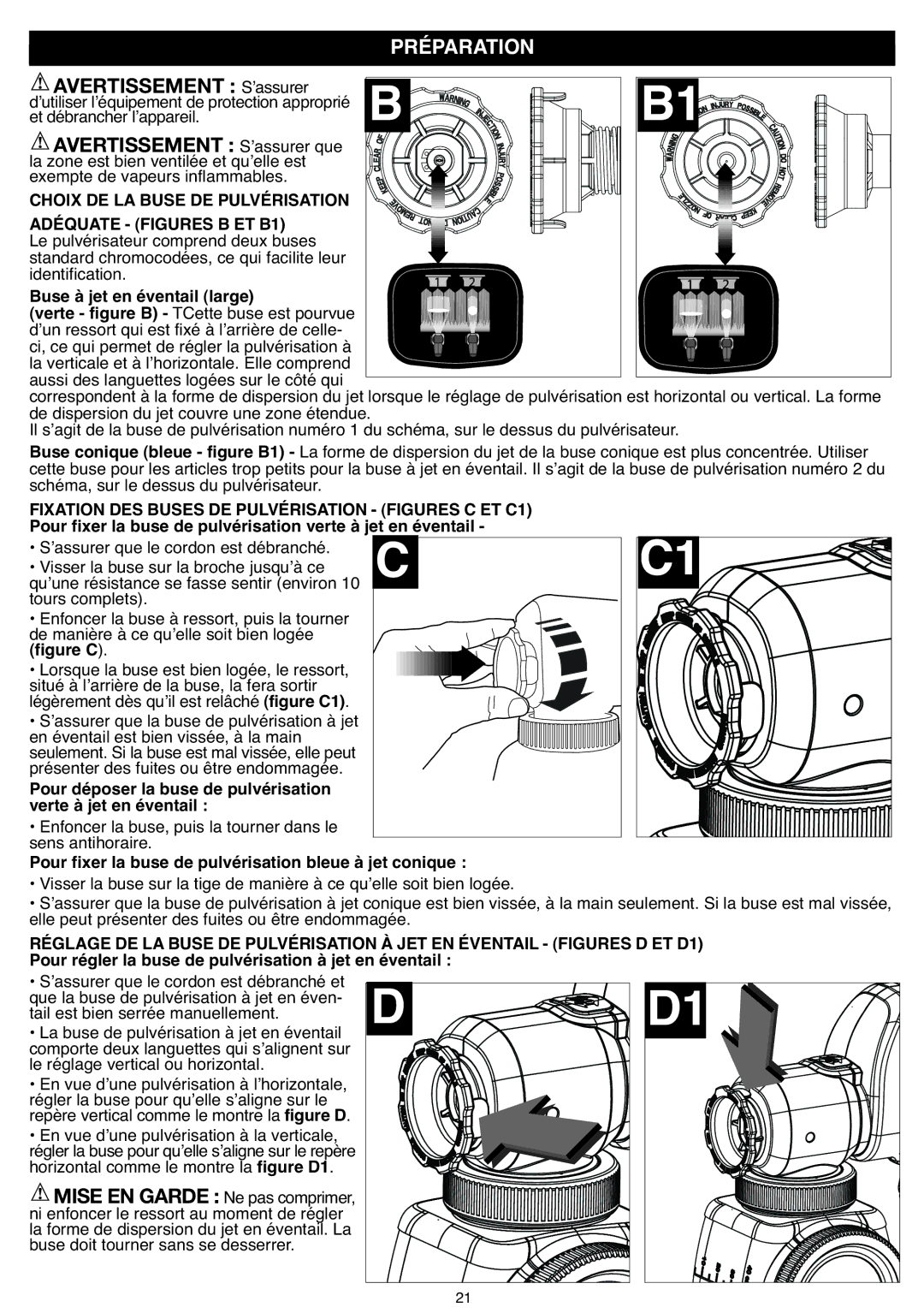 Black & Decker BDPS200 instruction manual Préparation, Choix DE LA Buse DE Pulvérisation Adéquate Figures B ET B1 