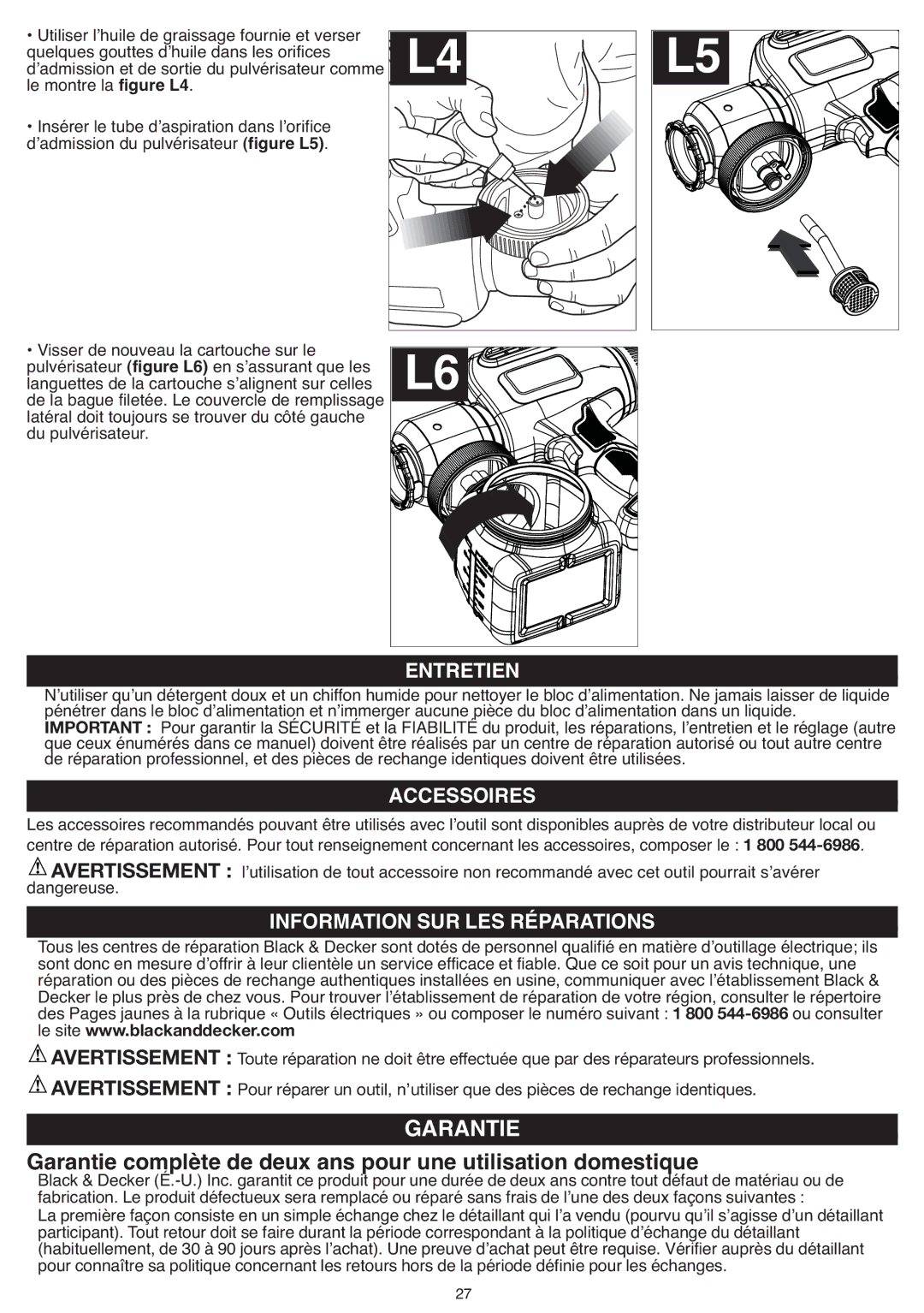 Black & Decker BDPS200 instruction manual Entretien, Accessoires, Information SUR LES Réparations, Du pulvérisateur 