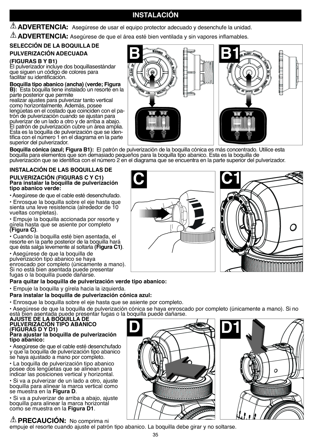 Black & Decker BDPS200 instruction manual Instalación, Selección DE LA Boquilla DE Pulverización Adecuada 