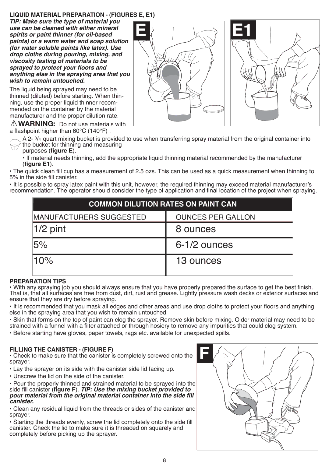 Black & Decker BDPS200 Common Dilution Rates on Paint can, Liquid Material Preparation Figures , E1, Preparation Tips 