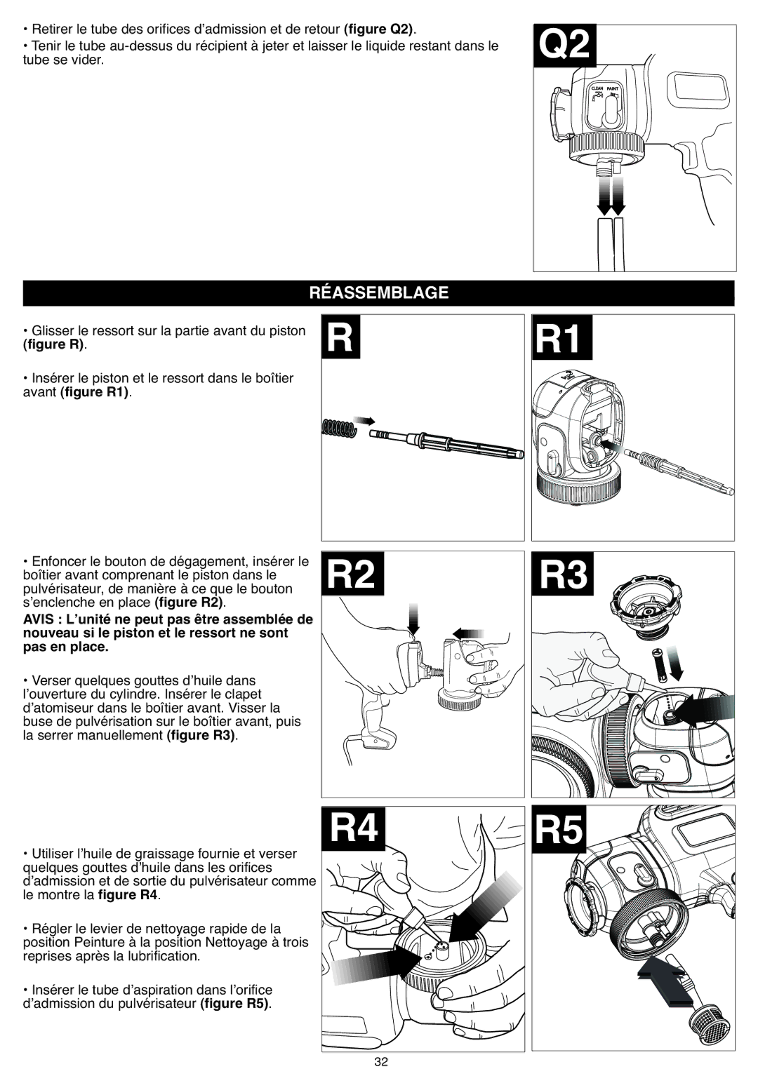 Black & Decker BDPS400K, BDPS600K Réassemblage, Glisser le ressort sur la partie avant du piston, Avant figure R1 