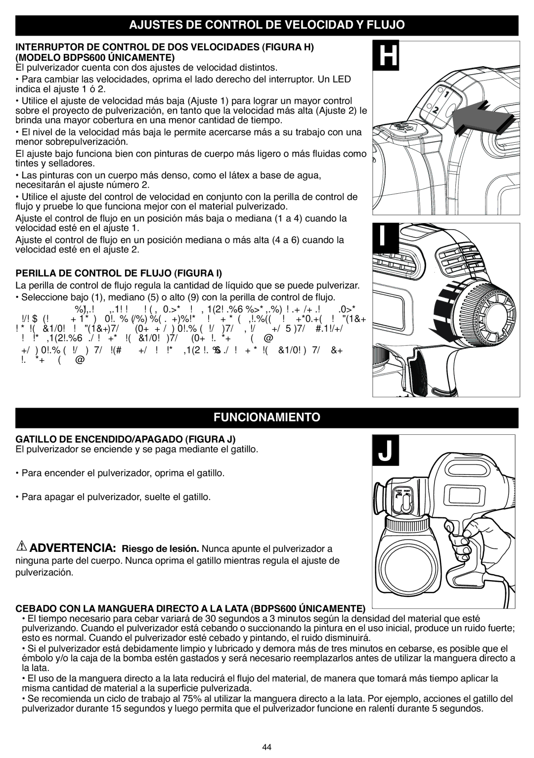 Black & Decker BDPS400K Funcionamiento, Perilla DE Control DE Flujo Figura, Gatillo DE ENCENDIDO/APAGADO Figura J 