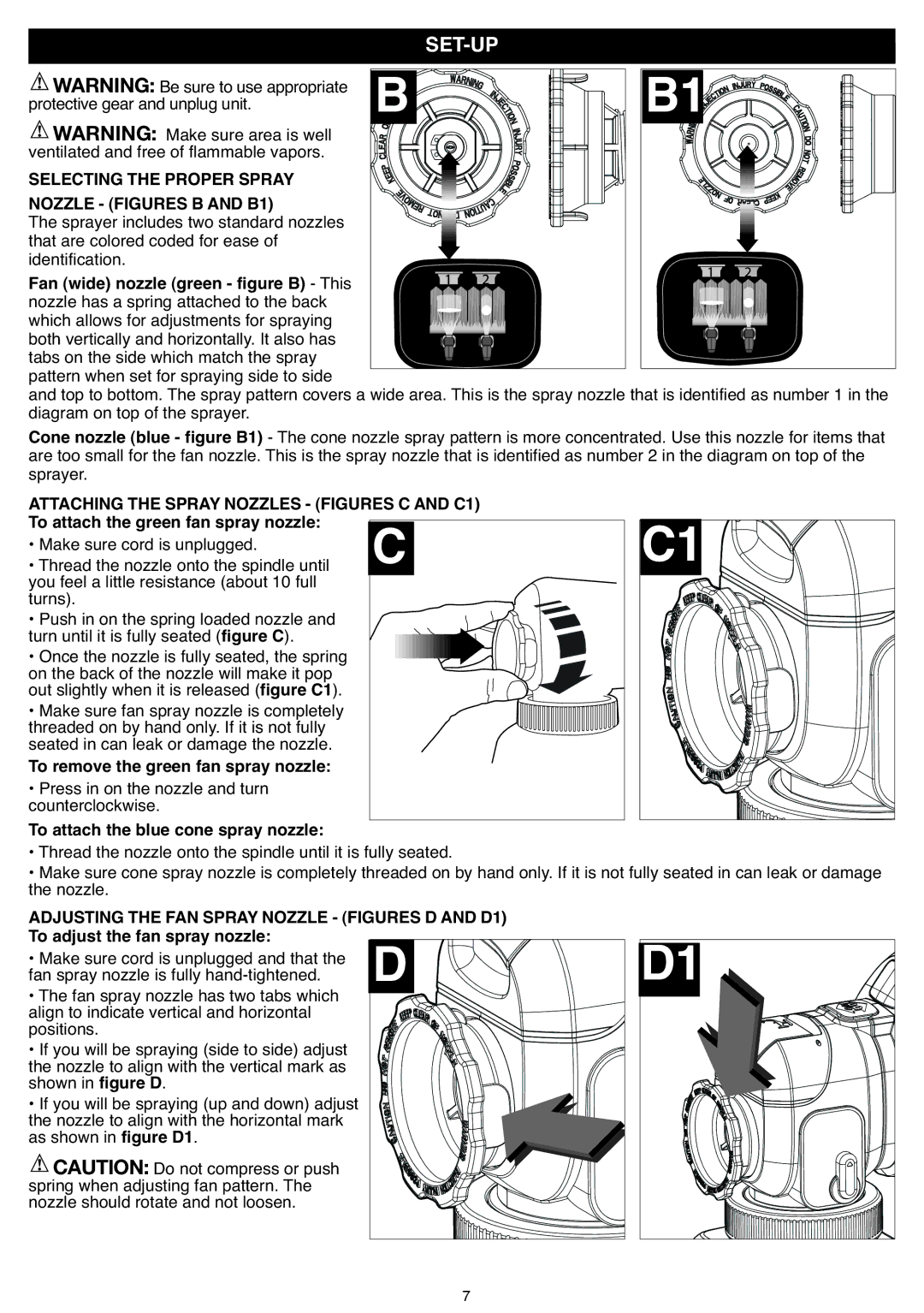 Black & Decker BDPS600K Set-Up, Selecting the Proper Spray Nozzle Figures B and B1, Attachingthe Spraynozzles Figures 