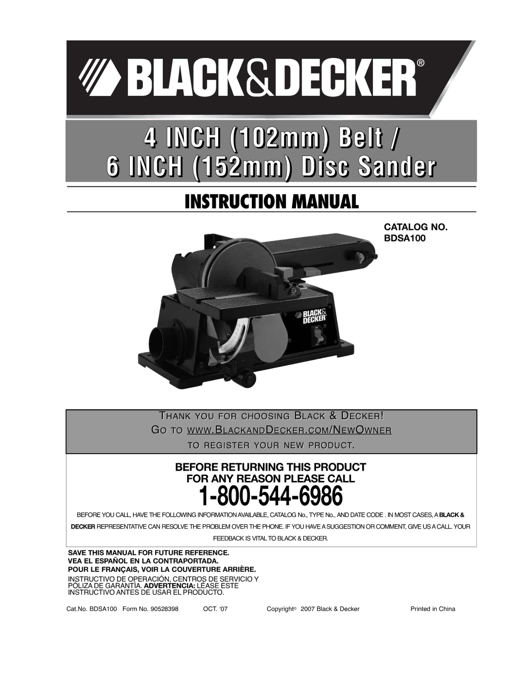 Black & Decker instruction manual Inch 102mm Belt Inch 152mm Disc Sander, Catalog no BDSA100 