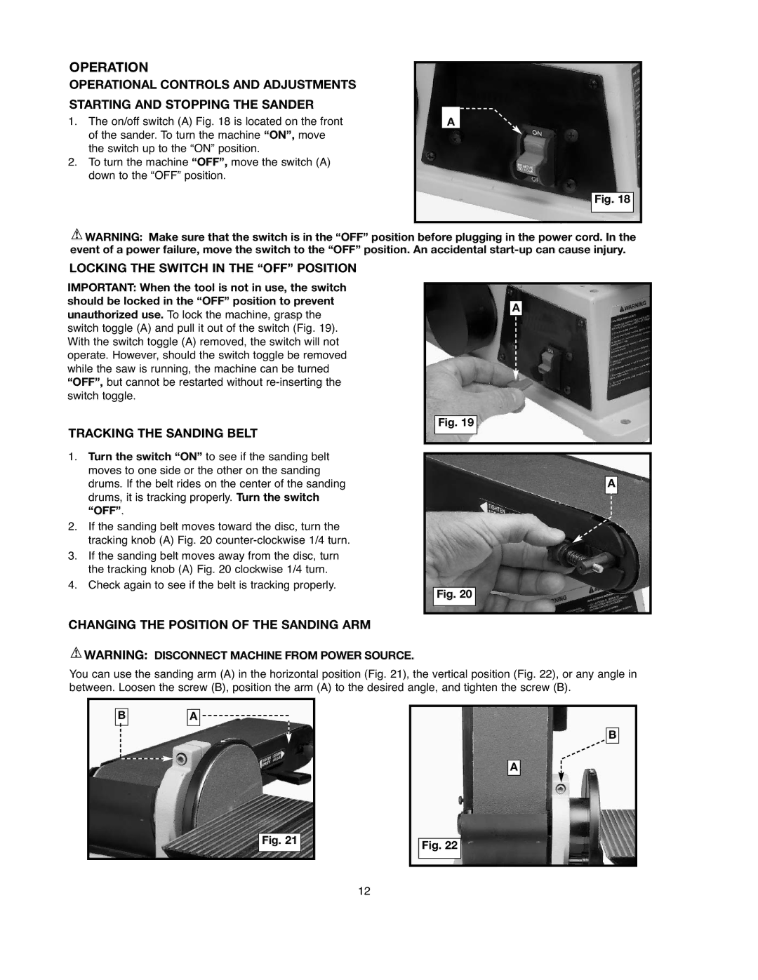 Black & Decker BDSA100 instruction manual Operation, Locking the Switch in the OFF Position, Tracking the Sanding Belt 