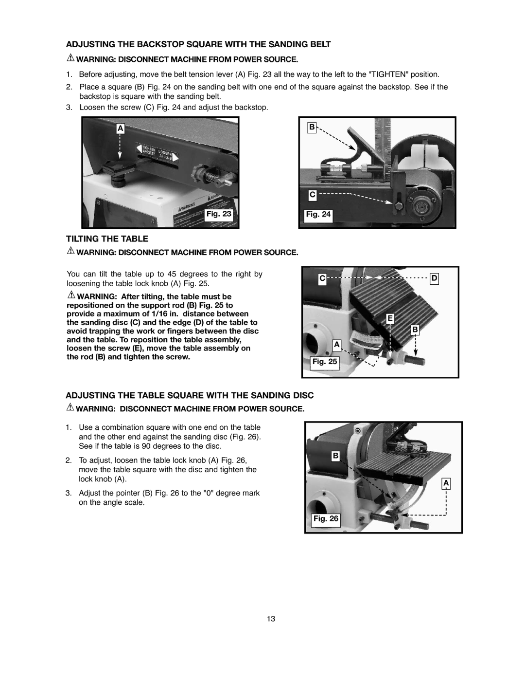 Black & Decker BDSA100 instruction manual Adjusting the Backstop Square with the Sanding Belt, Tilting the Table 