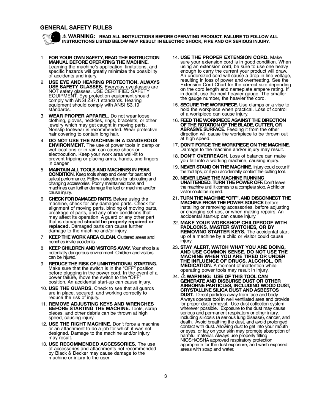 Black & Decker BDSA100 instruction manual General Safety Rules, Reduce the Risk of Unintentional Starting 